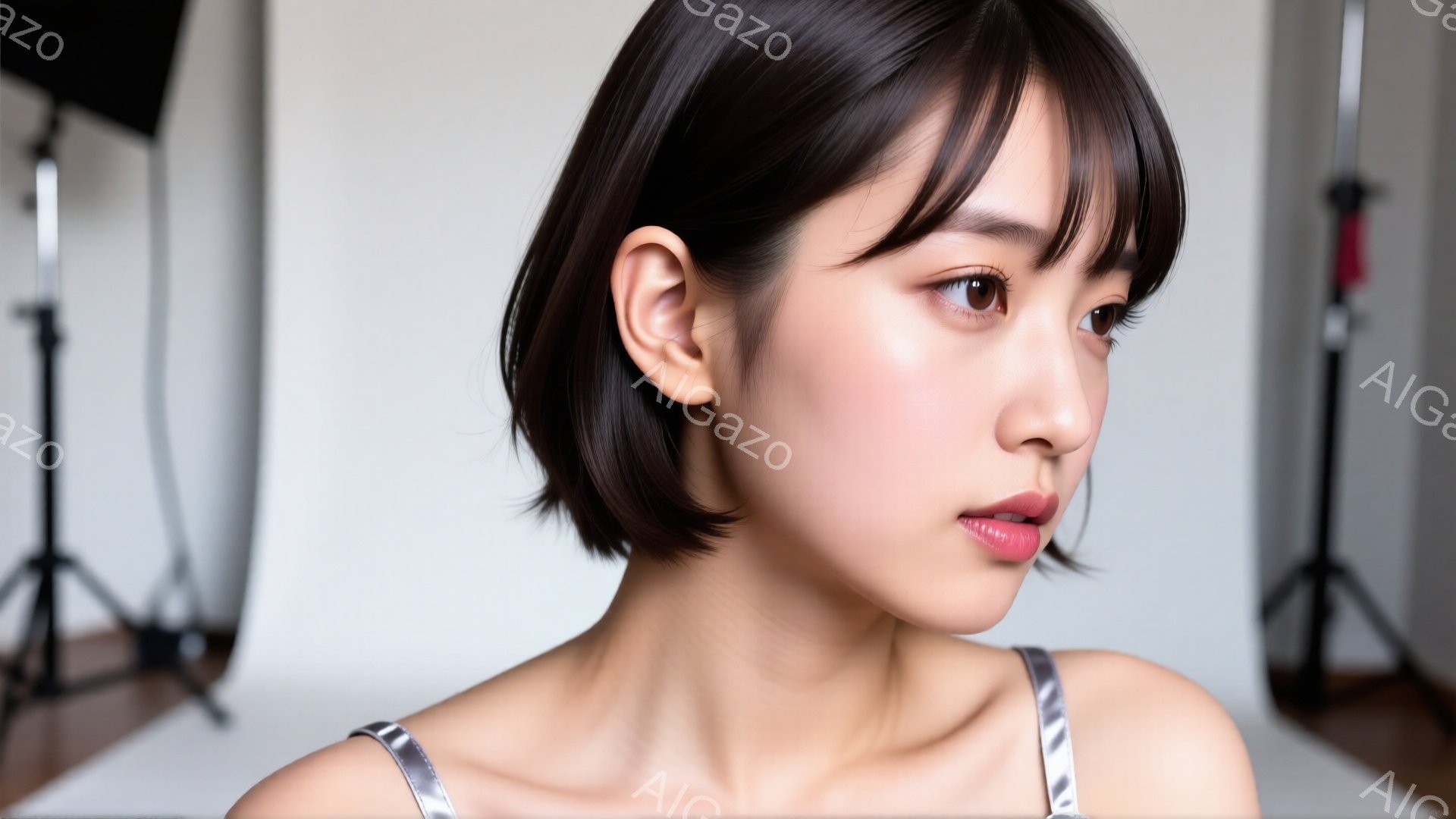 この女性は、肩出しの銀色のストラップの服を着ており、前髪を斜めに流した短いダークブラウンのヘアスタイルをしています。彼女は少し口を開けており、視線は左側を捉え、肌は滑らかで健康的な印象を与えます。背景にはライトスタンドがいくつか見え、スタジオ撮影であることがわかります。