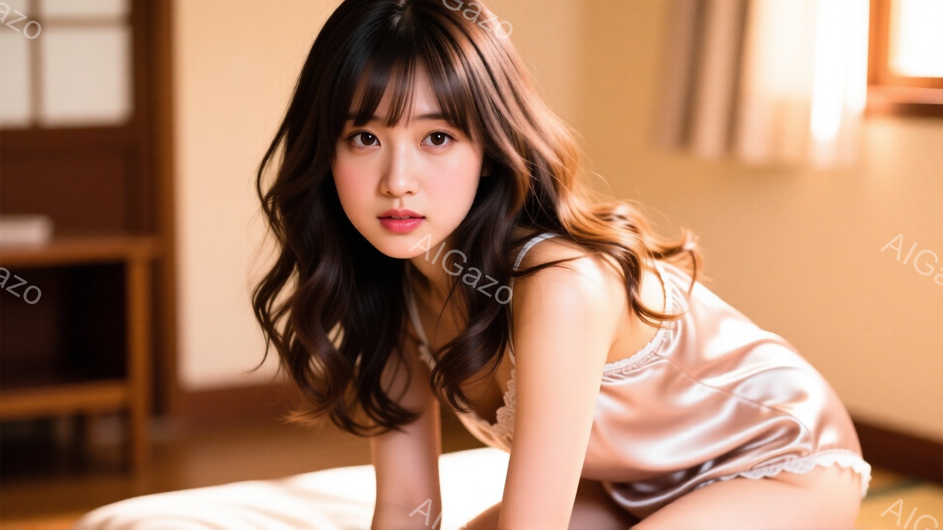 長いダークブラウンの髪はゆるくウェーブがかかり、顔周りをふんわりと囲んでいます。淡いピンク色のキャミソールを着ており、柔らかい光が肌を照らしています。ベッドに横たわり、カメラ目線で微笑んでおり、全体的 - AI生成フリー素材