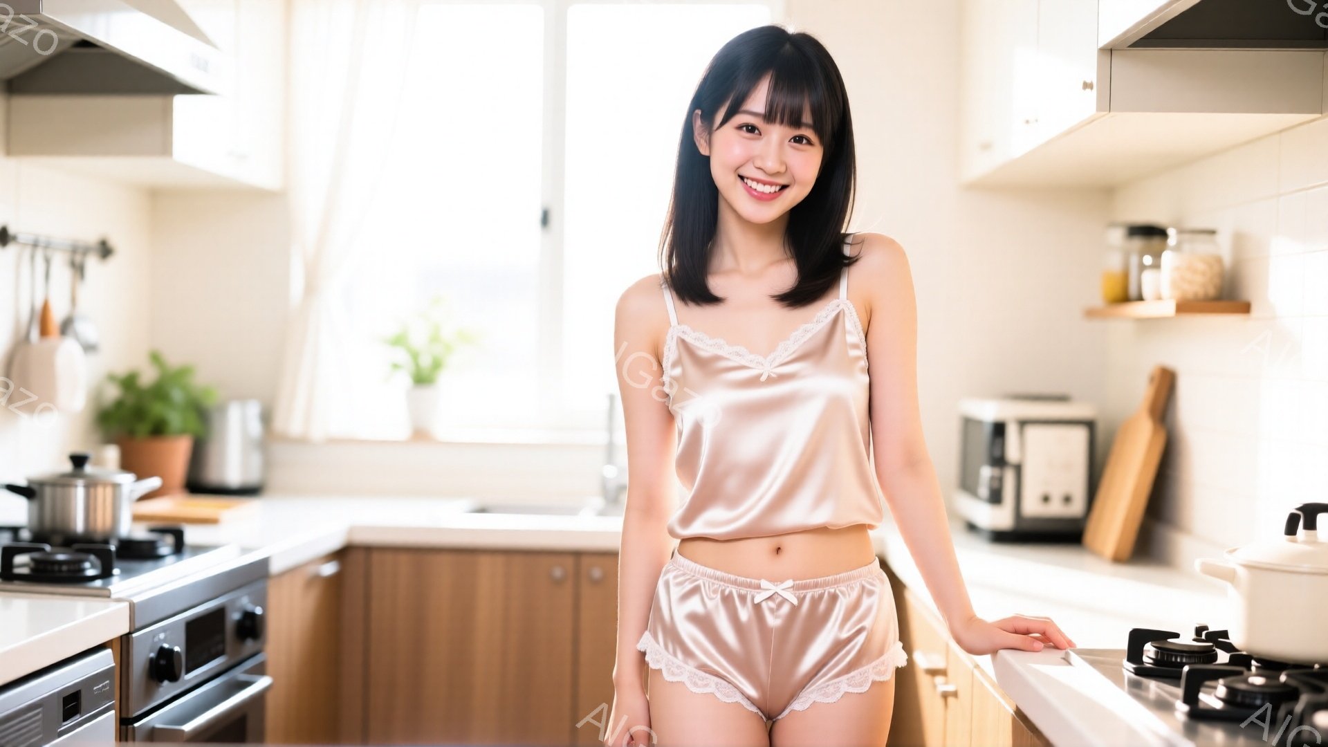 明るいキッチンを背景に、クリーム色のサテン生地のキャミソールとショートパンツを身につけた若い女性が立っています。彼女は長い黒髪を肩下で伸ばし、笑顔を見せています。キッチンにはガスコンロ、電子レンジ、調 - AI生成フリー素材