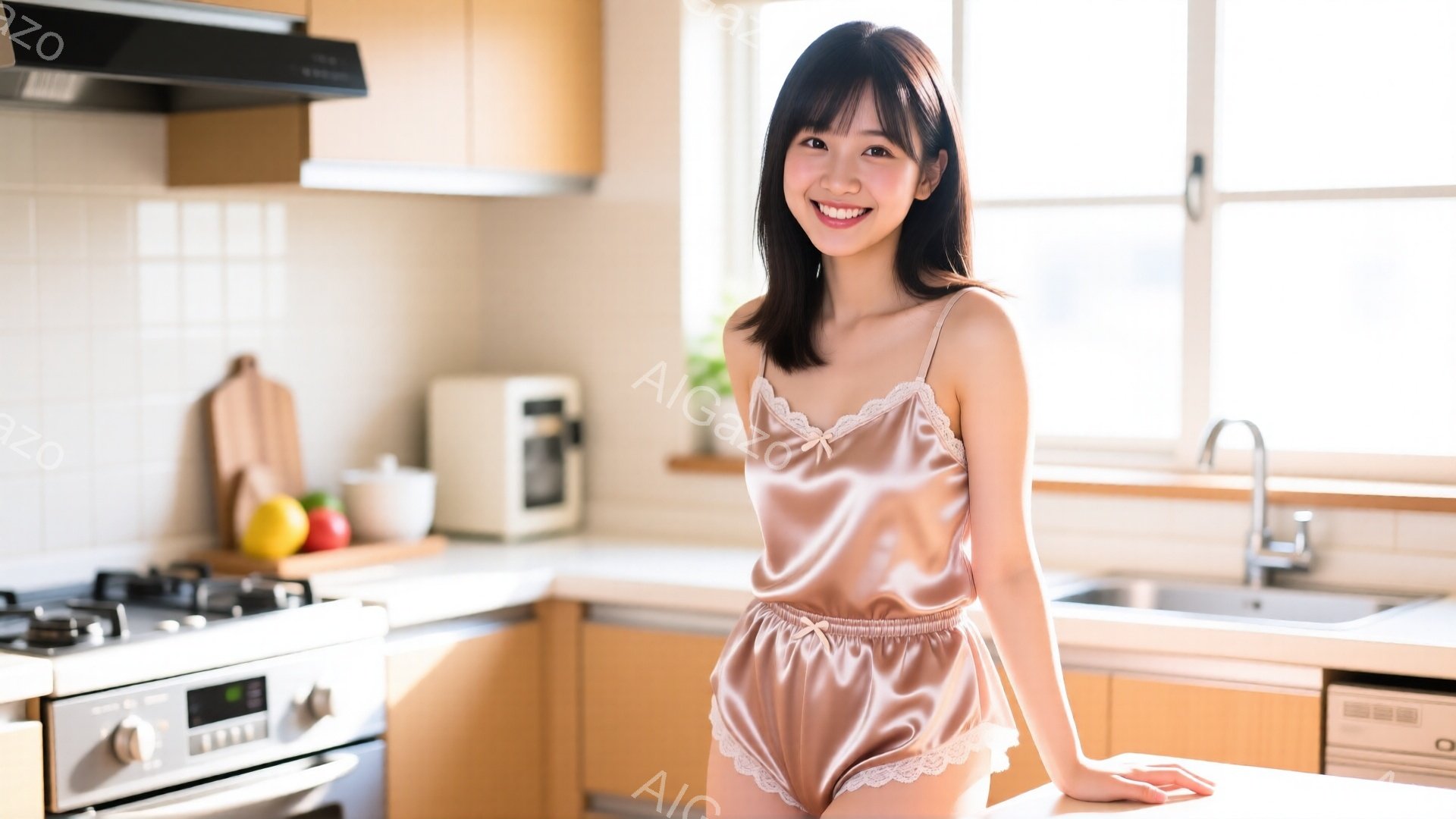 明るいキッチンで、ピンク色のサテンのパジャマ姿の女性が微笑んでいます。彼女は長い茶髪で、少し無造作にまとめられており、顔には明るい笑顔が広がっています。背景には調理台、電子レンジ、そして窓から差し込む光が見え、全体的に温かく家庭的な雰囲気です。