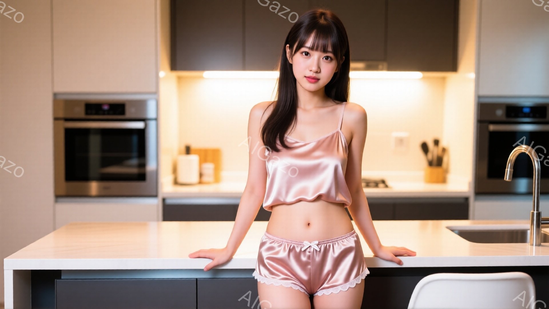 長い黒髪をセンターパートにした若い女性が、ペールピンクのサテンのキャミソールとショートパンツ姿でキッチンカウンターに両手を置いている。彼女はわずかに微笑み、リラックスした表情をしている。背景はモダンな - AI生成フリー素材