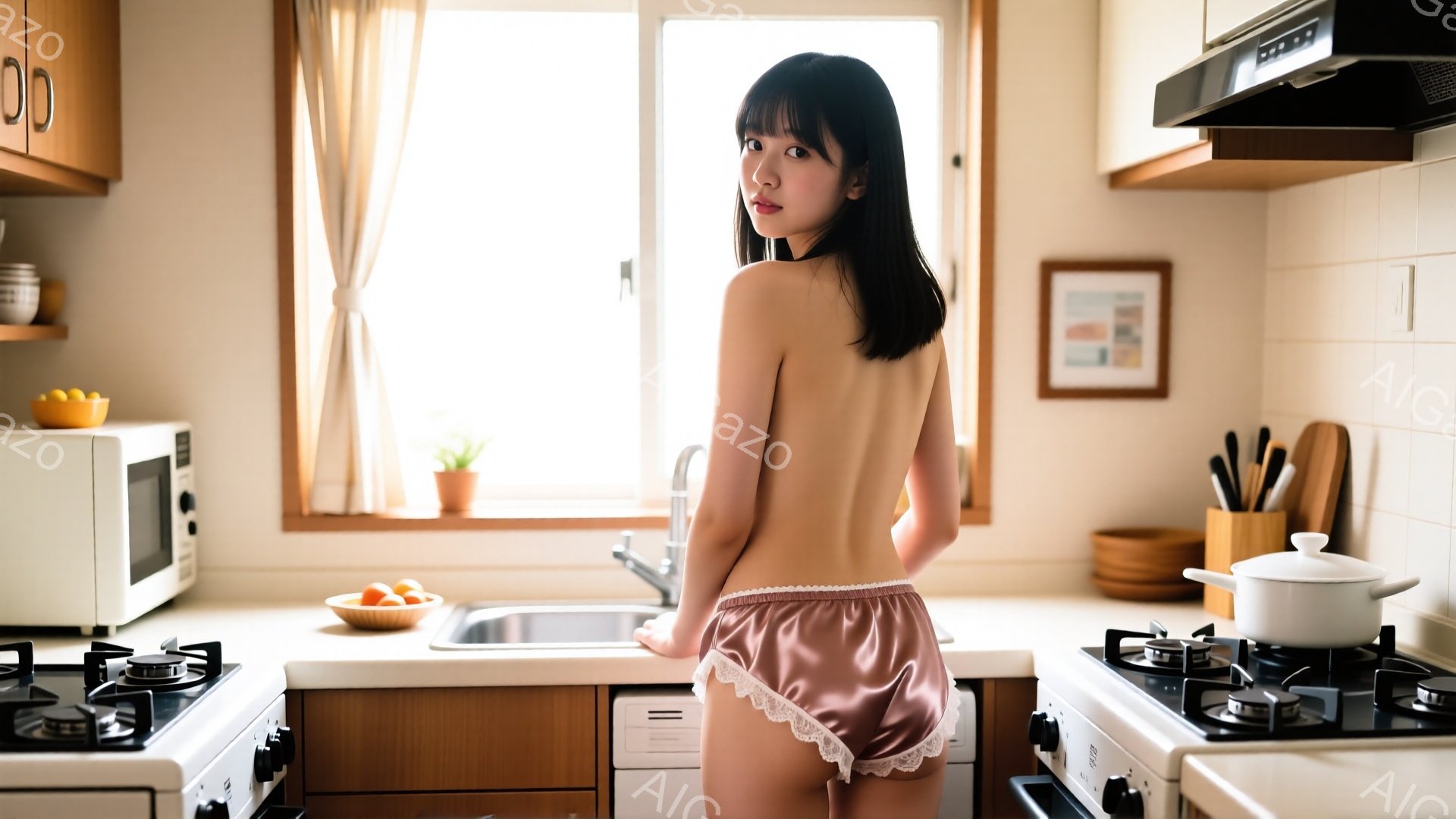 長い黒髪を後ろでまとめた女性が、ピンク色のサテンのようなショーツのみを身に着けてキッチンに立っている。彼女はカメラの方を振り返り、少し微笑んでいる様子で、背景には明るい光が差し込むシンクと調理台、そして窓から見える外の景色が見える。全体的に柔らかく、家庭的な雰囲気が漂っている。