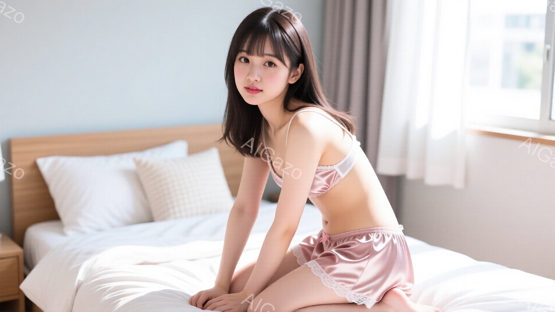 長い茶色の髪を無造作に垂らし、薄いピンク色のサテンのキャミソールとショートパンツを身に着けた女性がベッドに座っています。少し微笑みを浮かべた表情で、カメラを見つめています。背景には白い枕と木製のナイト - AI生成フリー素材