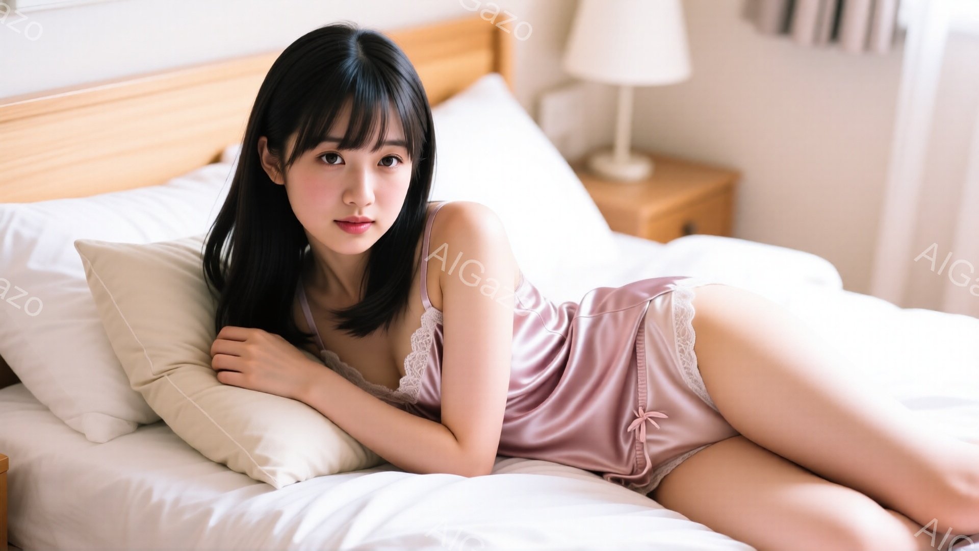 黒髪の女性がベッドに横たわり、薄いピンク色のレース付きのキャミソールとショーツ姿で、片方の腕を枕にしてリラックスした表情を浮かべている。彼女はベッドのシーツに寄りかかり、少し足を曲げ、部屋は明るく、アンティーク調のナイトスタンドとランプが置かれている。全体的に、穏やかで親密な雰囲気が漂っている。