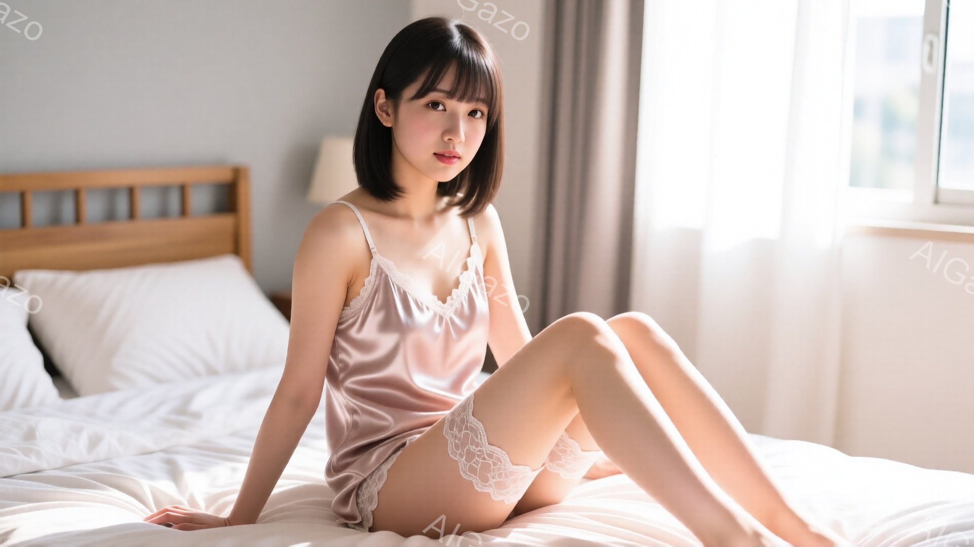 光沢のあるピンク色のキャミソールとレースの縁取りが施された下着を身につけた女性が、白いベッドの上に座っています。彼女は肩までの長さのダークブラウンの髪を持ち、前髪を下ろした控えめな笑顔を浮かべています。背景には窓があり、明るい光が差し込んでおり、全体的に柔らかくリラックスした雰囲気が漂っています。