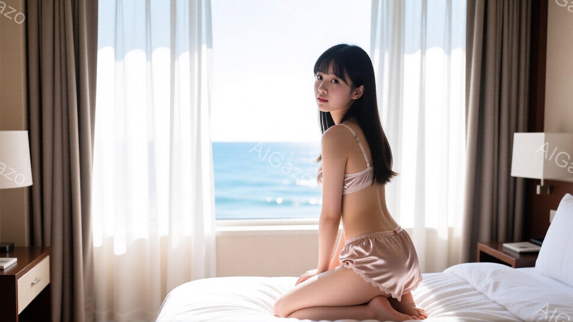 長い黒髪を背中に垂らし、淡いピンク色のサテン生地のキャミソールとショーツ姿の女性がベッドに跪いている。背景には青い海と白い雲が広がり、明るい日差しが差し込んでいる。室内はベージュを基調とした落ち着いた雰囲気で、高級ホテルの一室であることがうかがえる。