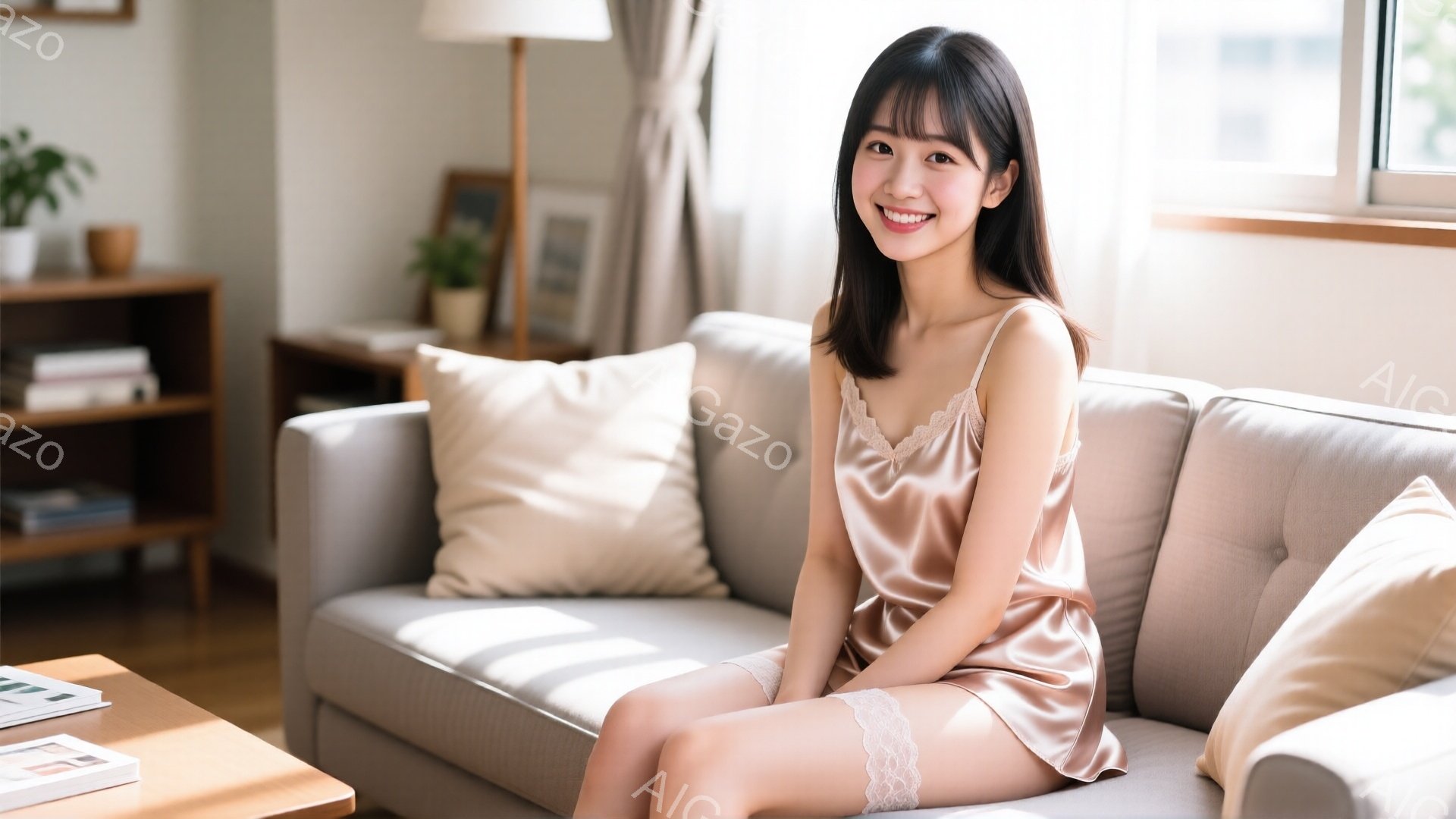 明るいリビングルームで、若い女性がベージュ色のサテンのキャミソールとショートパンツを身につけてソファに座っています。彼女は微笑んでおり、つややかな黒髪は肩のあたりでカットされています。背景には木製の棚 - AI生成フリー素材