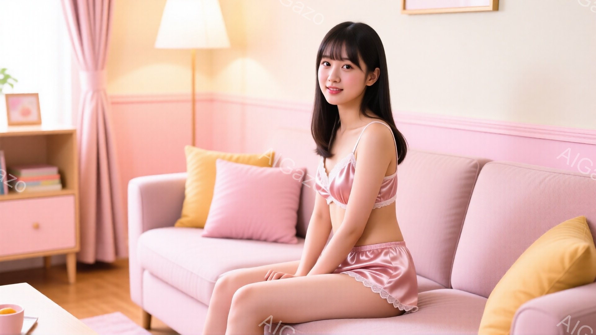 部屋のソファに座っている若い女性が写っています。彼女はピンクのサテンのランジェリーセットを着ており、ダークブラウンのロングヘアを肩にかかっています。彼女は微笑んでおり、背景には薄いピンク色の壁、クリー - AI生成フリー素材