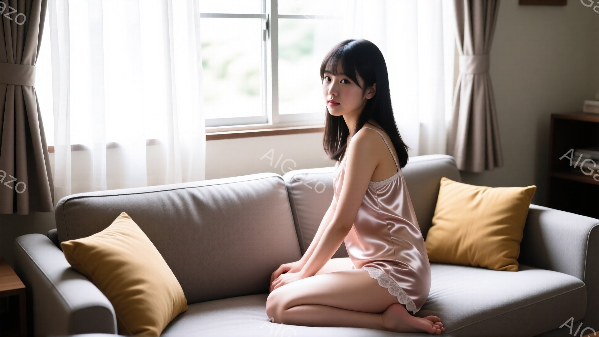 柔らかい光が差し込むリビングで、ピンク色のキャミソールドレスを着た若い女性がソファに座っています。彼女は足を組み、少し微笑みながら正面を見ており、黒髪のロングヘアが肩にかかっています。背景には窓とカー - AI生成フリー素材