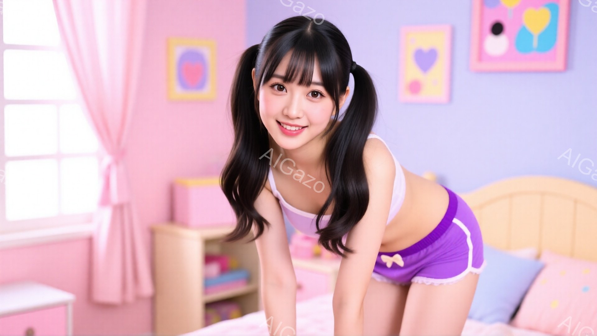 黒髪の長い髪をツインテールにし、前髪をきれいに整えた若い女性が映っています。彼女は紫色のショートパンツと白いタンクトップを着ており、ベッドの上で少し後ろに体を傾けて微笑んでいます。背景はパステルピンクの部屋で、カラフルな絵画や家具が置かれています。