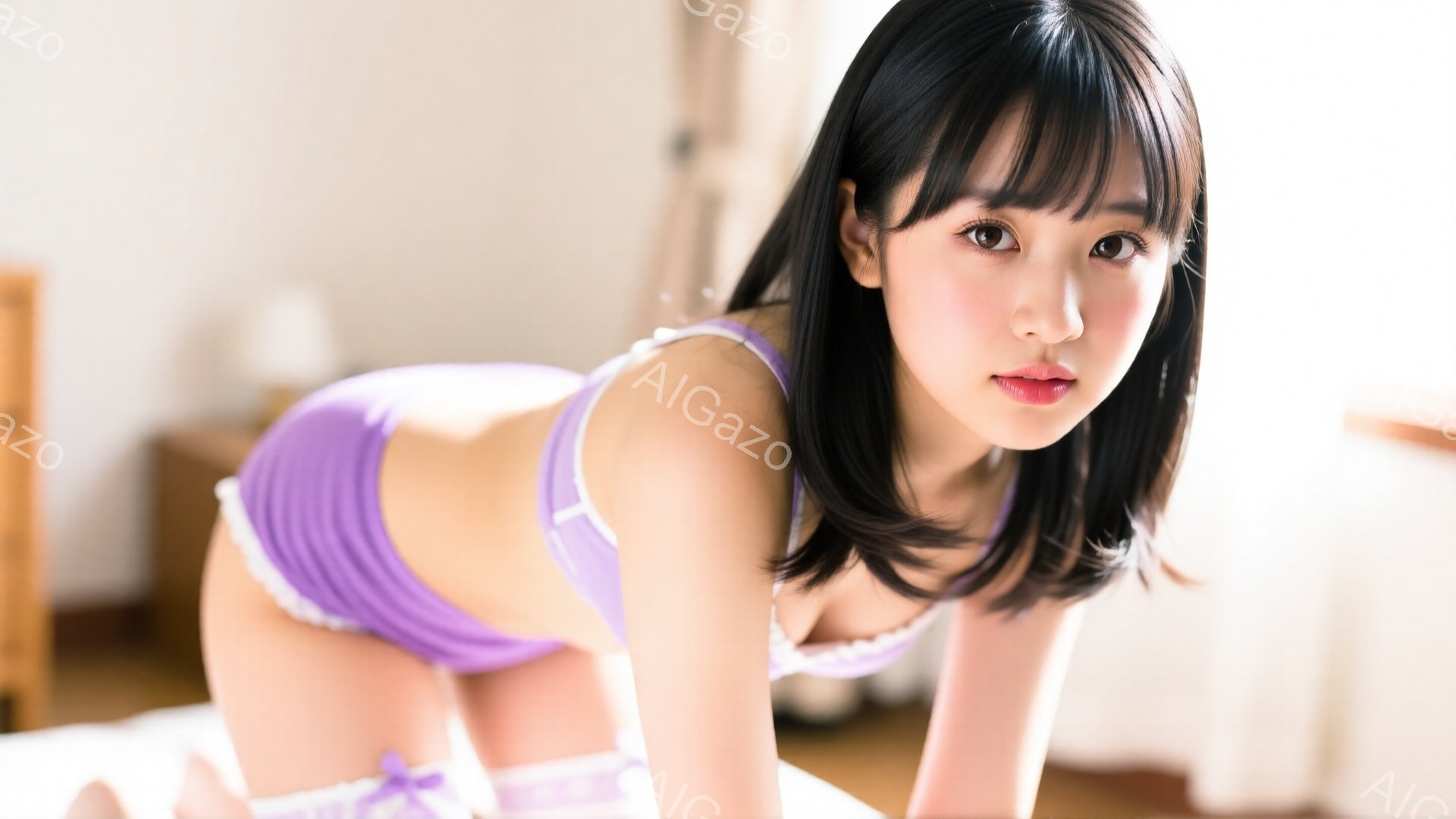 黒髪の女性が、薄紫色の可愛らしいランジェリー姿で、床にうつ伏せになっています。彼女はカメラに向かって微笑んでおり、少し照れたような表情を浮かべています。背景には明るい部屋の一部が見え、暖かく、ソフトな雰囲気です。