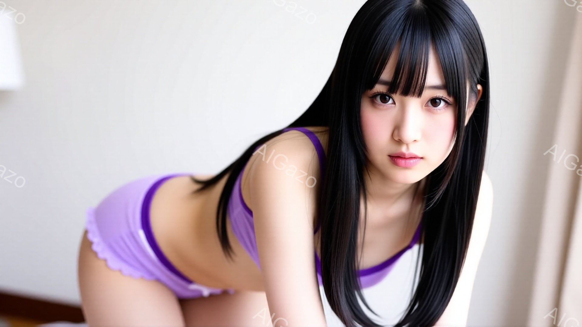 長い黒髪の女性が、白いトップスと薄紫色の下着姿でこちらを見ている。彼女は床にひざまずき、少し前かがみの姿勢で、控えめな微笑みを浮かべている。背景はぼやけており、室内であることがわかるが、詳細な情報は不明である。