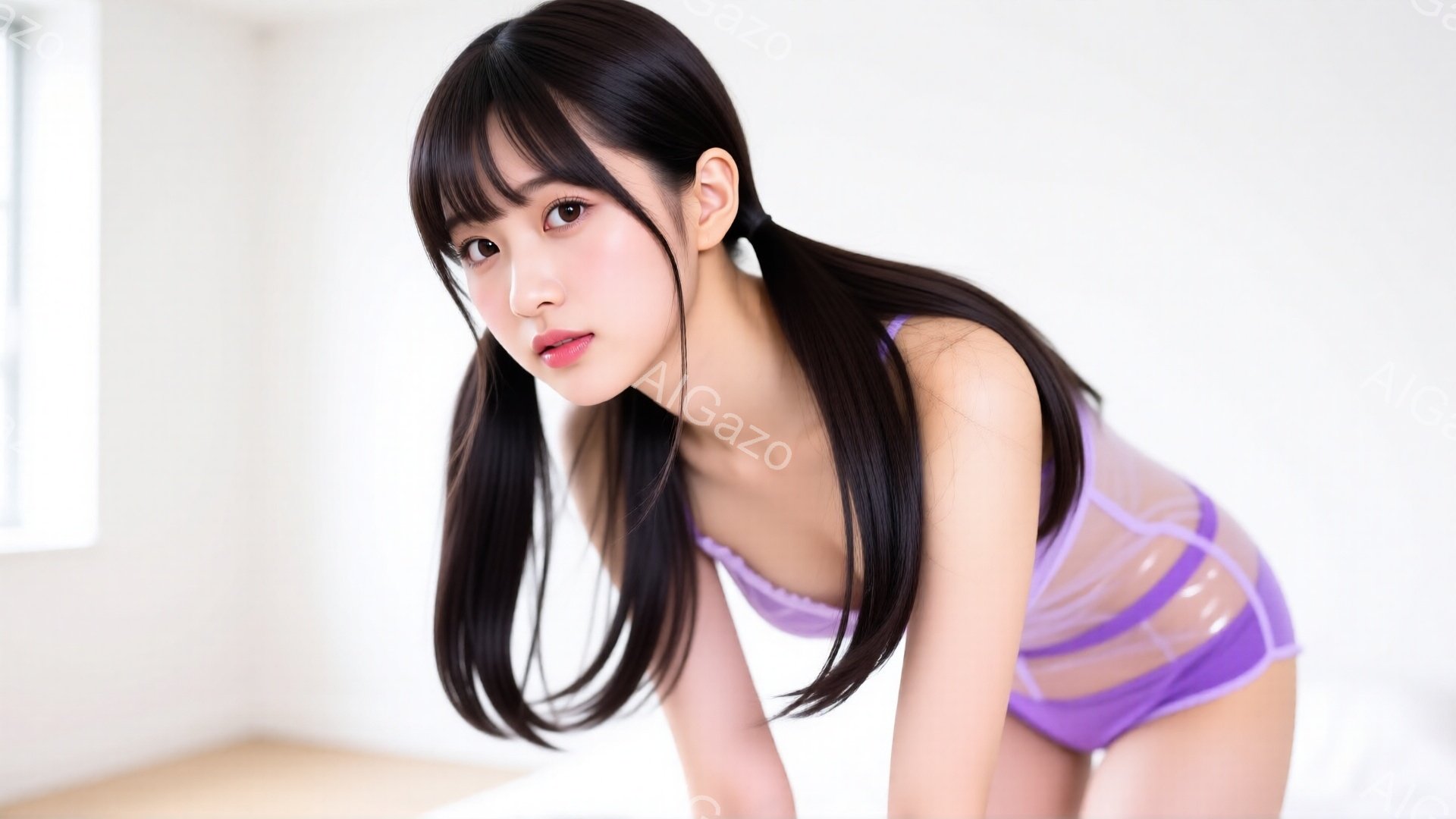 黒髪ツインテールの若い女性が、紫色のランジェリーを着て床に跪いています。彼女はカメラに向かって少し微笑み、少し恥ずかしそうな表情をしています。背景は白く、室内であると推測され、全体的に柔らかく、繊細な雰囲気を醸し出しています。