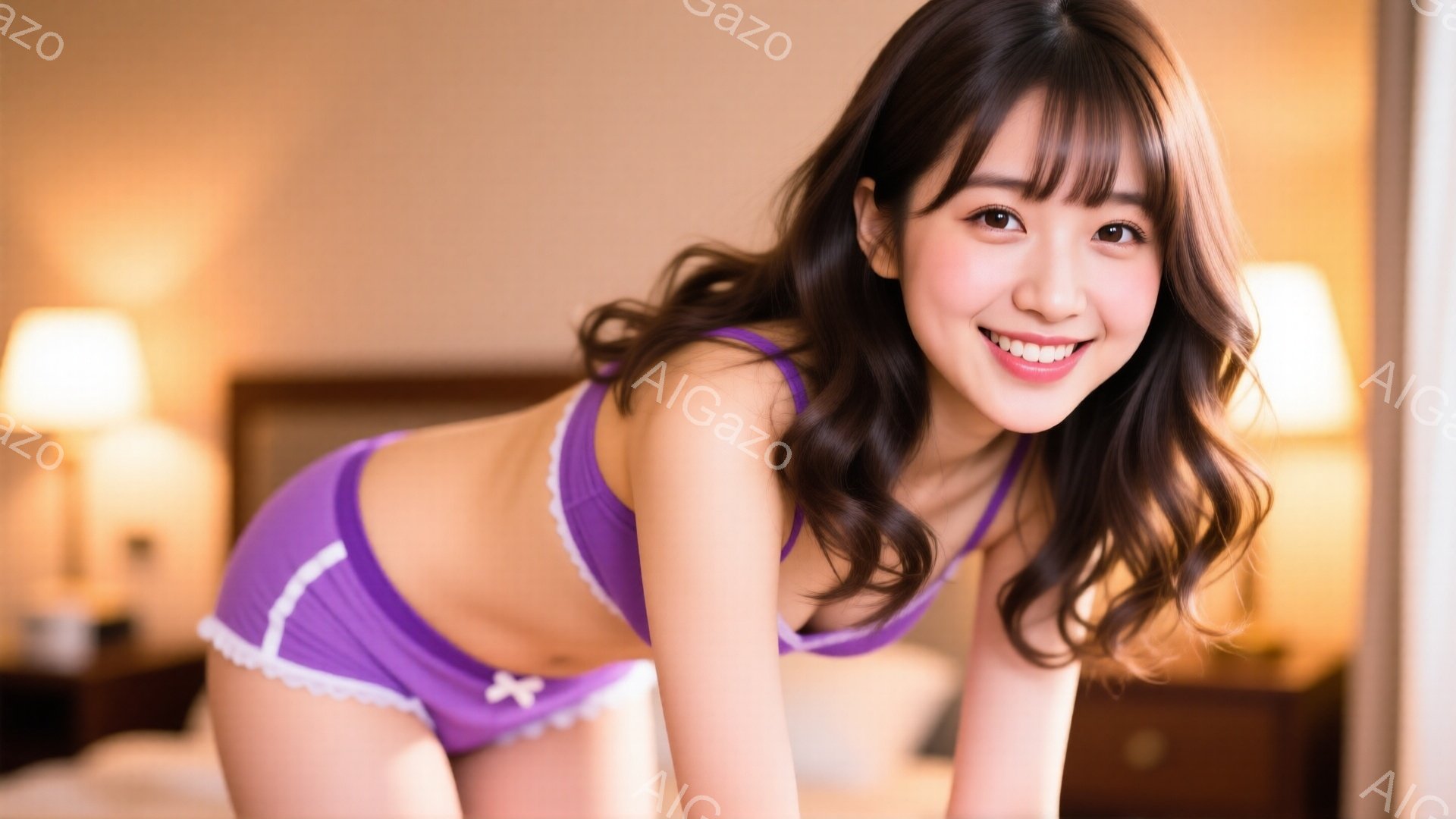 濃い茶色の髪を肩まで伸ばした女性が、紫色のレース付きブラとショーツのセットアップ姿でカメラに向かって微笑んでいます。彼女は膝をつき、少し体を丸め、自信と遊び心のある表情を浮かべています。背景は、明るい木製の家具と白いベッドシーツが広がる室内で、暖かく柔らかい雰囲気が漂っています。