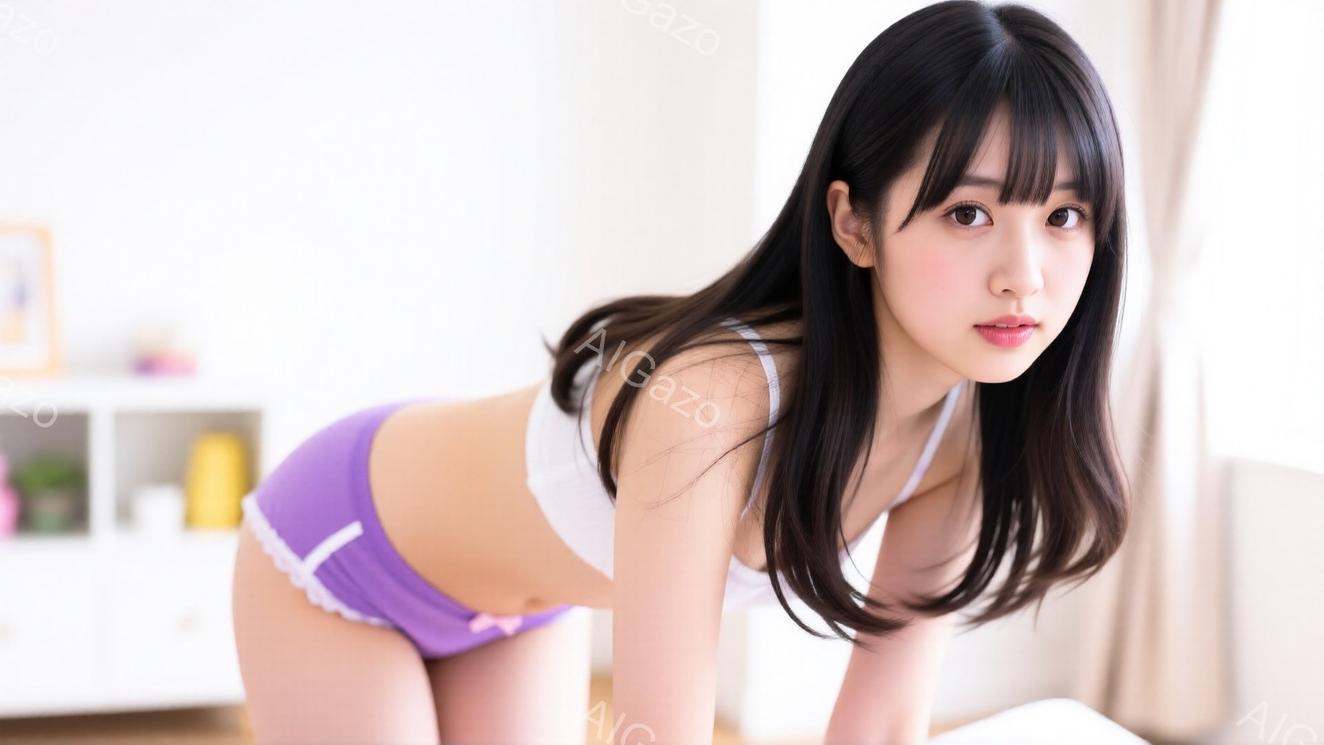 黒髪のロングヘアで、前髪は眉毛にかかるようにカットされた若い女性が写っています。白いブラと薄紫色のパンティを身につけ、四つん這いの姿勢でカメラを見つめており、少し微笑んでいます。背景には、木製の床と白いカーテン、そして本棚が見え、明るく清潔な室内であることがわかります。