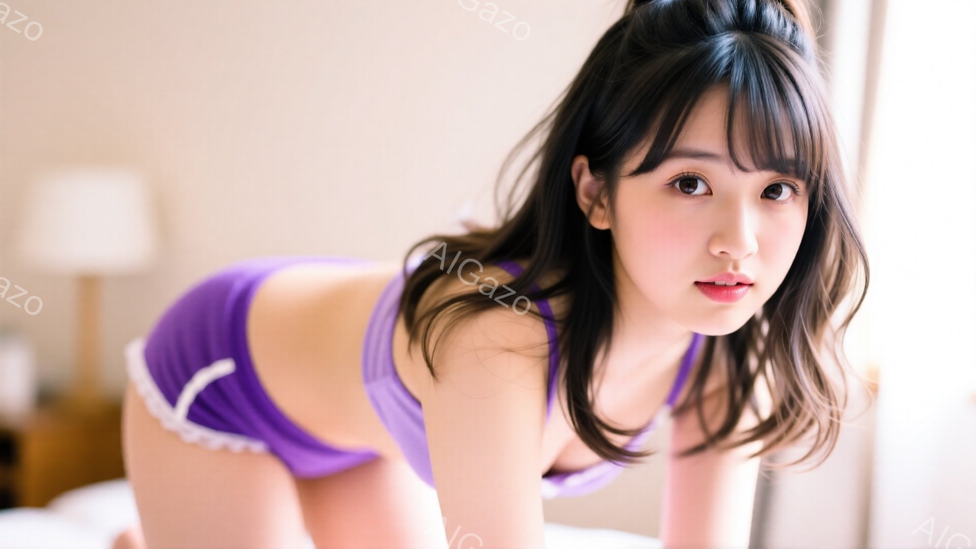 黒髪の女性が、白いフリル付きの紫色のキャミソールとショーツ姿で、ベッドの上で四つん這いになっています。彼女はカメラを見つめ、わずかに口を開けて微笑んでいます。背景はぼやけた室内で、暖色系の照明が柔らか - AI生成フリー素材