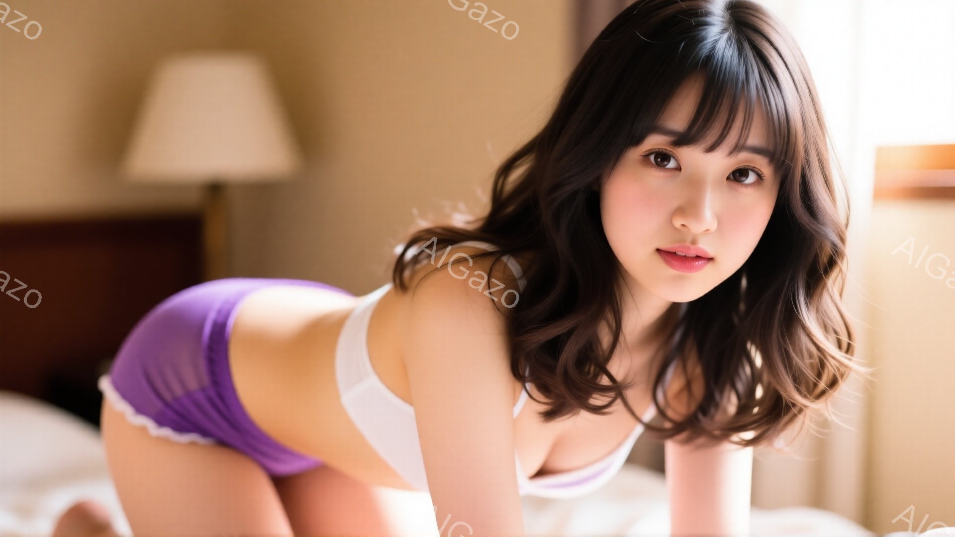 長いダークブラウンの巻き髪をした女性が、白いブラと紫色のフリルのついたパンツを着用してベッドに横たわっています。彼女はカメラに向かって振り返り、少し微笑んでおり、自信に満ちた表情をしています。背景にはぼやけたベッドと間接照明が見え、暖かく親密な雰囲気を醸し出しています。