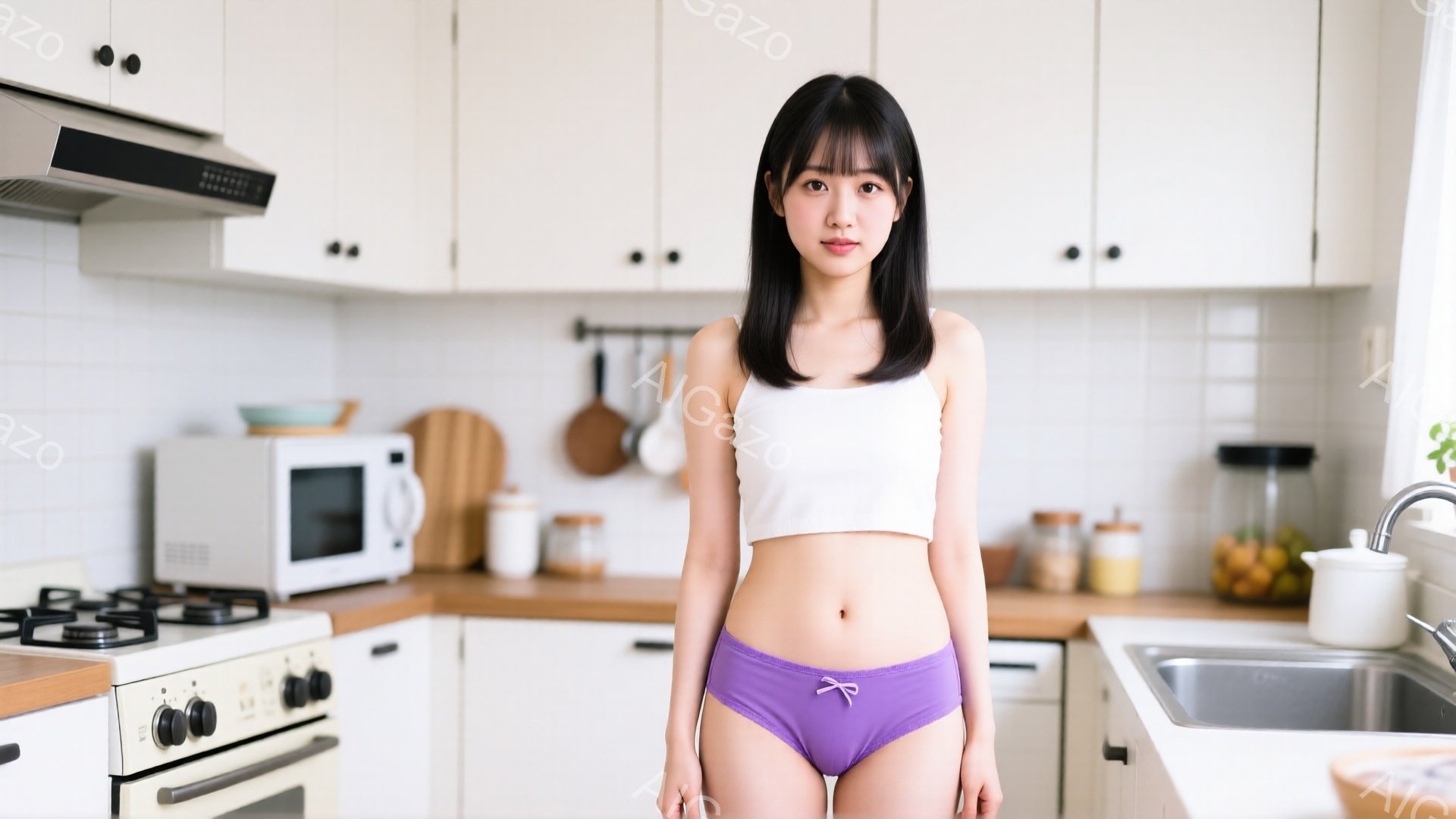黒髪で前髪のある女性がキッチンで立っています。白いクロップドトップと薄紫色の下着を身に着けており、少し微笑んでいます。背景には、白を基調としたキッチン設備、電子レンジ、調理器具、そして窓からの自然光が - AI生成フリー素材