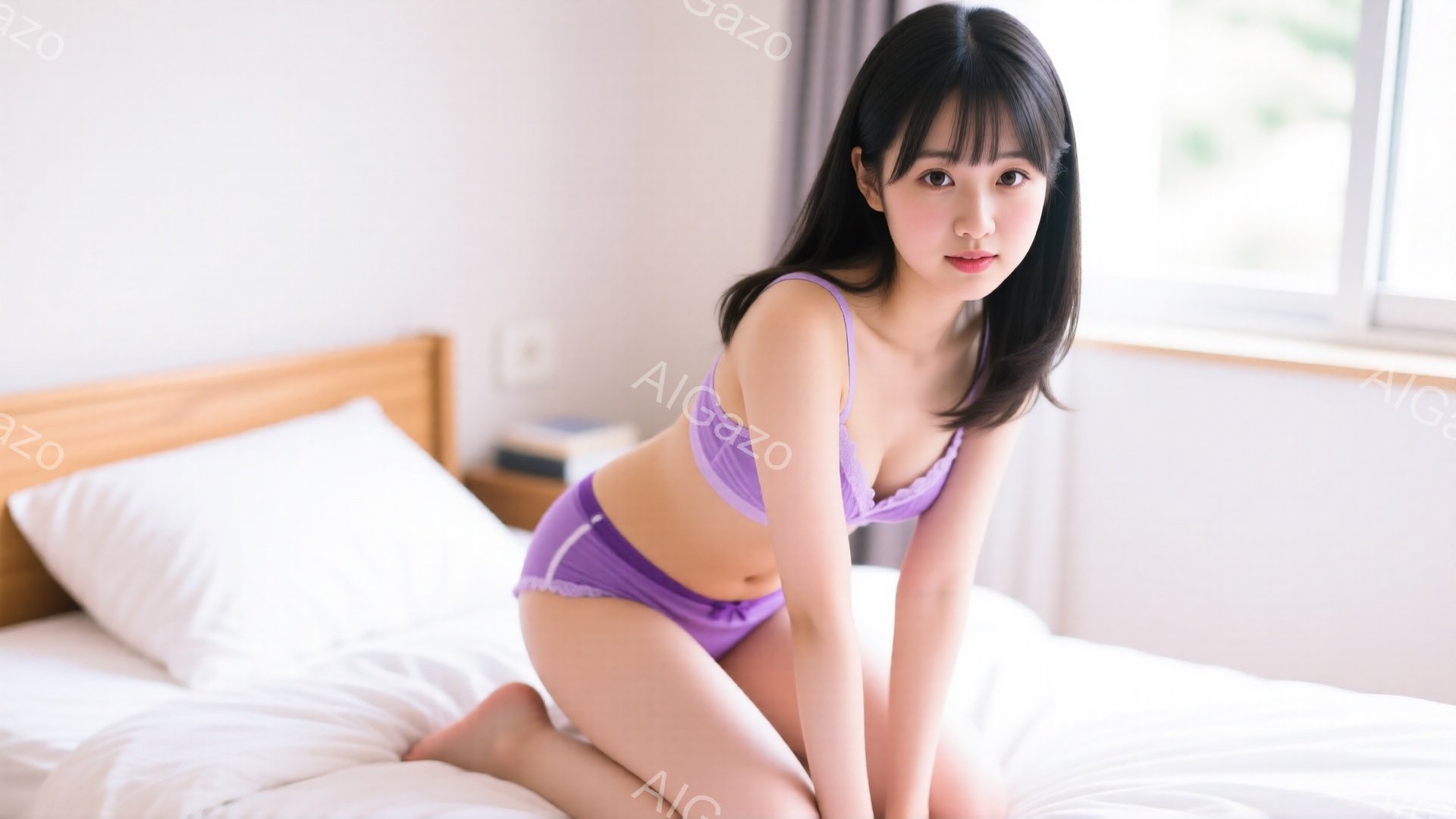 黒髪の女性が紫色のランジェリーを着てベッドの上に座っています。彼女は少し微笑んでいて、リラックスした表情をしています。背景には白い枕と、ぼやけた窓からの自然光が見えます。