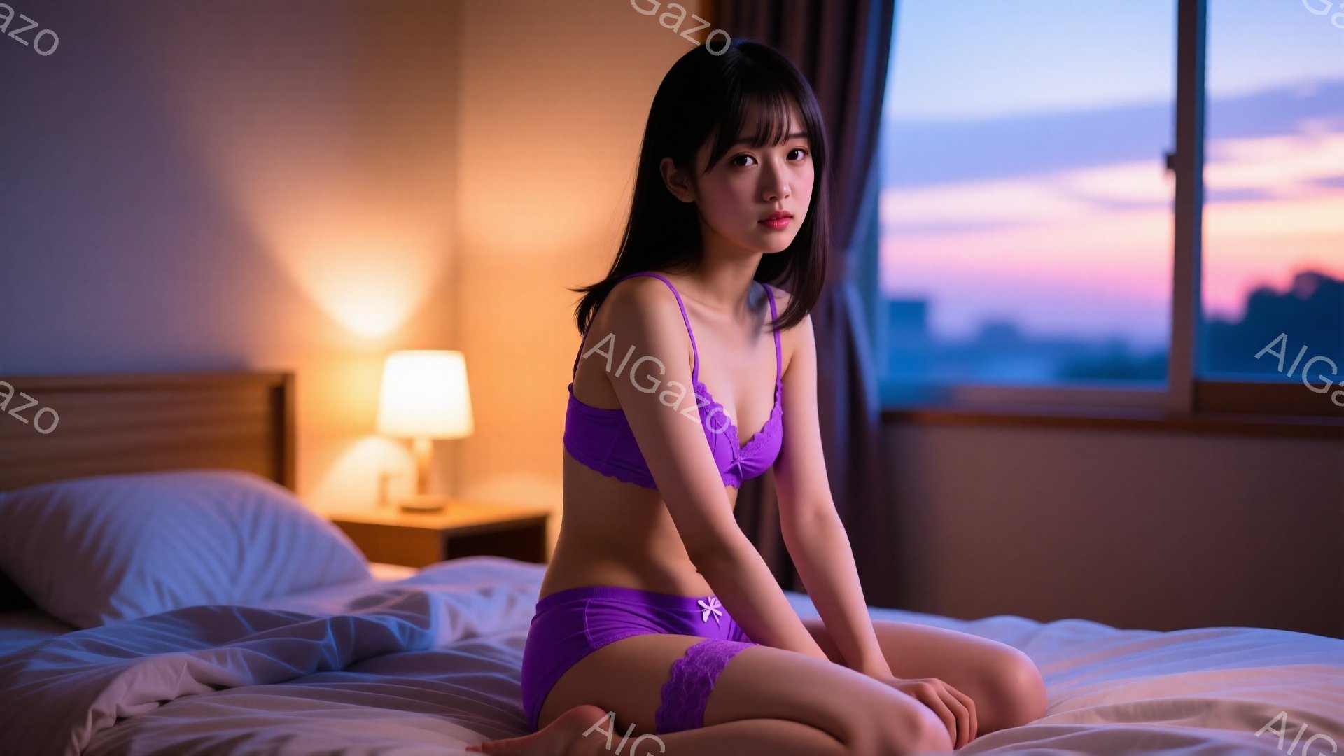長い黒髪を肩にかけた若い女性が、紫色のランジェリーを着てベッドに座っています。彼女は少し憂いのある表情で、膝を抱え、どこか遠くを見つめています。窓の外には夕焼けの空が広がり、都市の明かりが点り始めています。