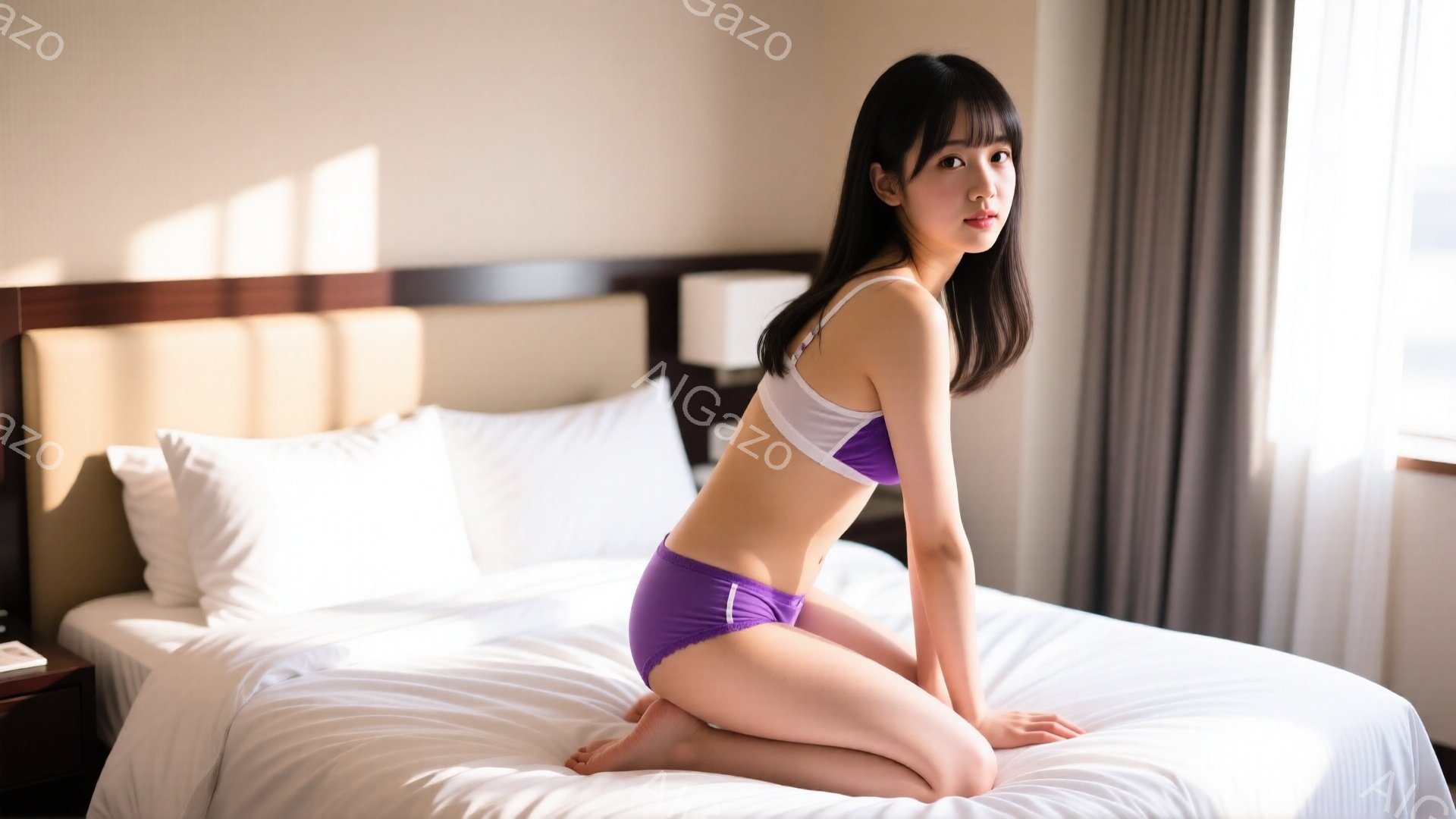 ベッドの上に跪いている女性が写っています。彼女は紫色の下着を身に着け、長い黒髪は後ろで一束に結ばれています。表情は穏やかで、少し微笑んでいます。