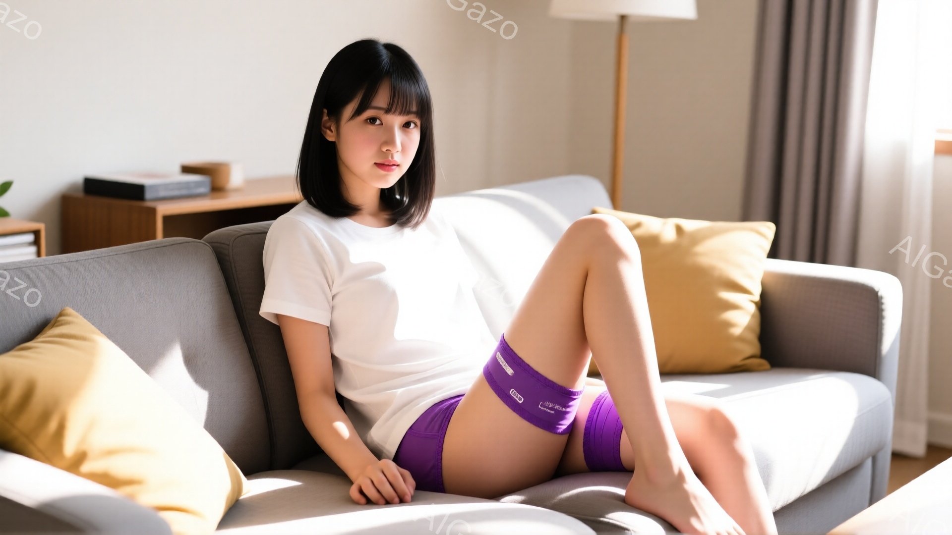 茶髪の女性が、グレーのソファに座って足を組んでいます。白いTシャツと紫色のショーツを身につけ、無表情な表情でカメラを見ています。背景には木製の棚と間接照明があり、全体的に明るくシンプルなリビングルームの雰囲気です。