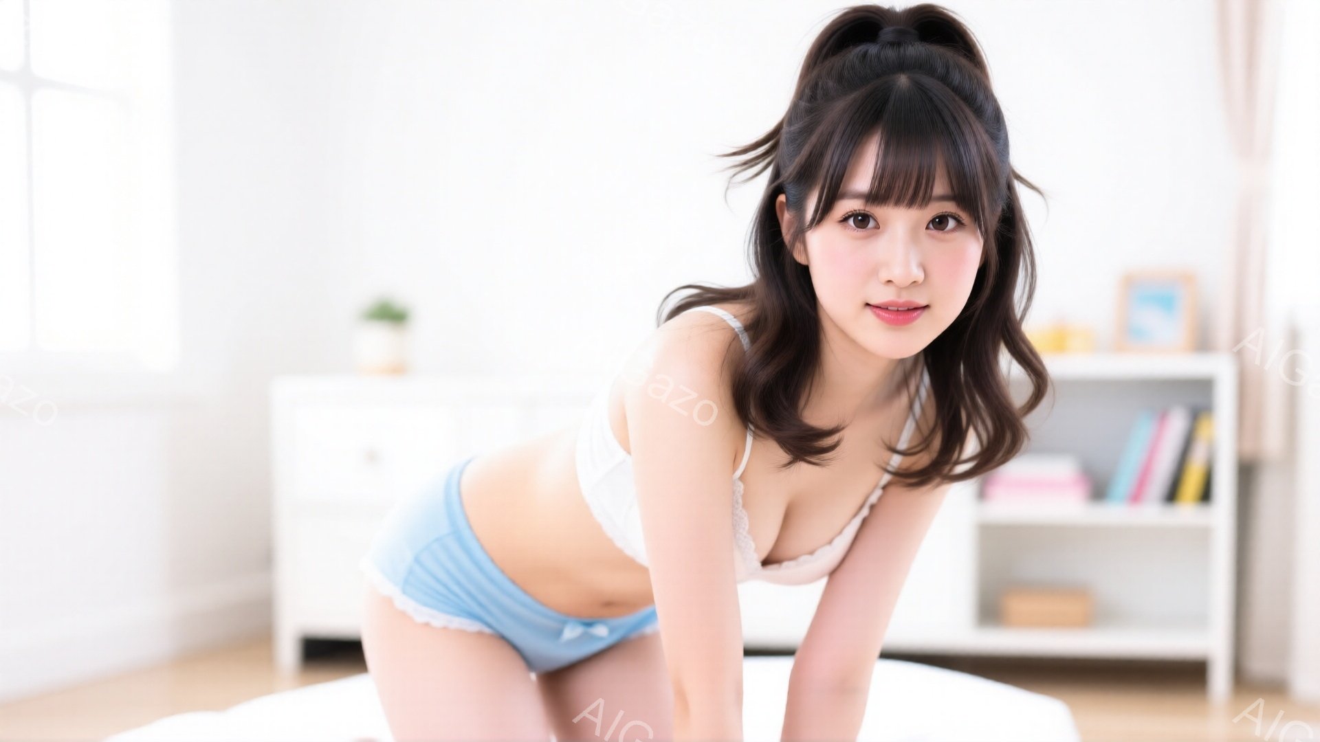 明るい室内で、茶色の長い髪を肩まで下ろした若い女性が、白いレースのブラと水色のショーツ姿で膝をついています。彼女は微笑んでカメラを見つめており、健康的で若々しい印象を与えます。背景には白い棚や植物が見 - AI生成フリー素材