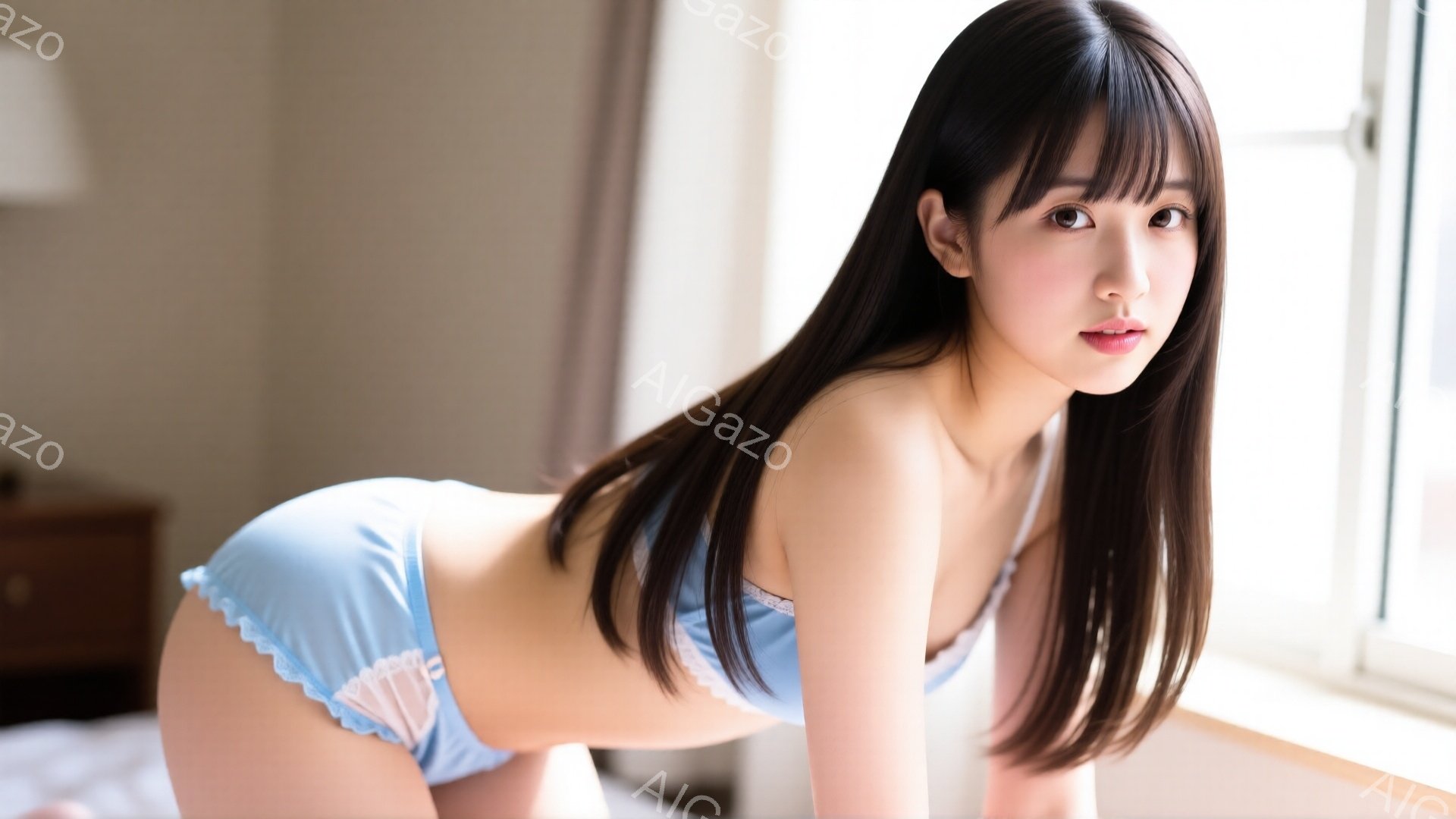 長い黒髪をなびかせた女性が、淡い水色のレースのブラジャーとショーツを身に着けて、膝をついてこちらを見つめています。彼女の表情は少し恥ずかしげで、柔らかい光が肌を照らし、ベッドルームのような室内で、窓からの自然光が差し込んでいます。 全体的に、柔らかく、少しセクシーな雰囲気が漂います。