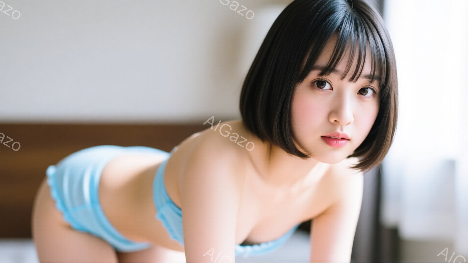 短い黒髪の女性が、ターコイズブルーのランジェリーを身につけ、ベッドの上で体を丸めてこちらを見ています。彼女の表情は少し挑発的で、唇はわずかに開いています。背景はぼやけており、室内であることがわかります。