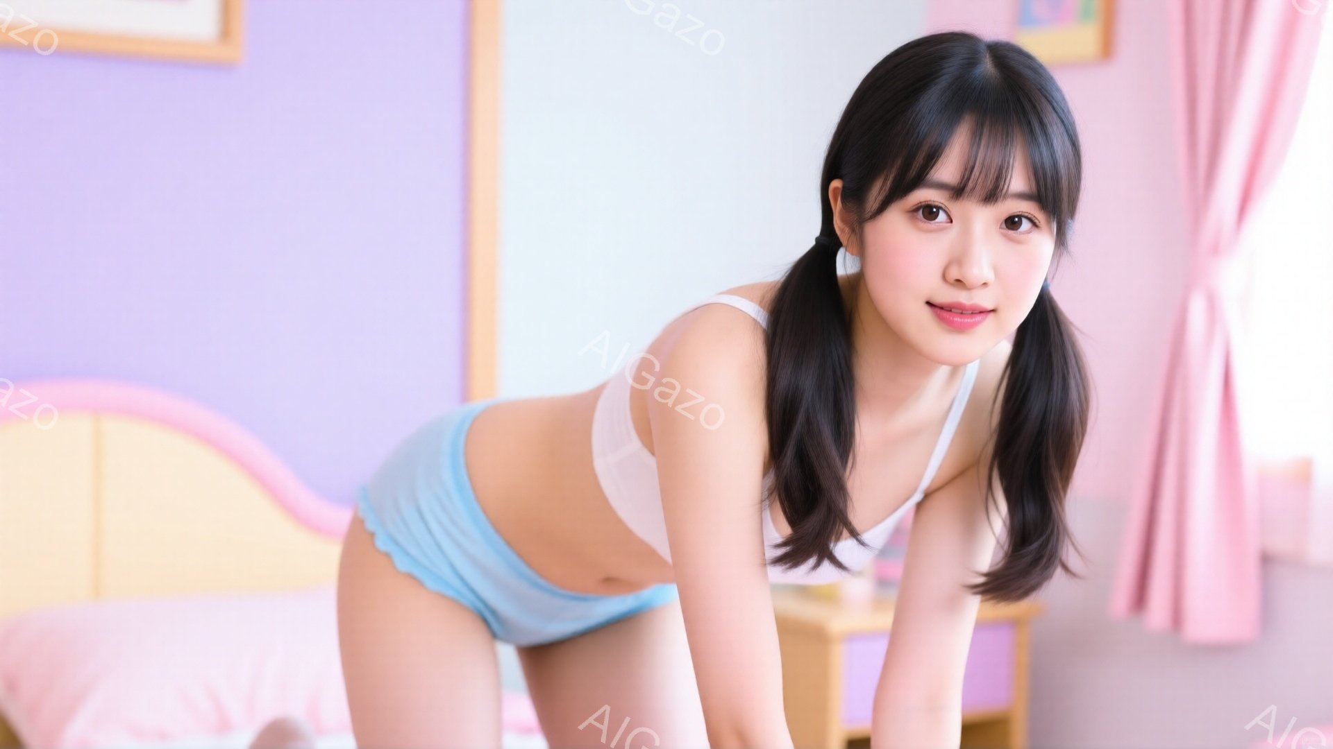 茶髪のツインテールで、白いブラトップと水色のショーツを身に着けた女性が写っている。彼女は少し体を丸め、カメラを見つめて微笑んでいる。背景はピンクと紫の淡い色調の部屋で、ベッドとカーテンが見え、全体的に柔らかく明るい雰囲気である。