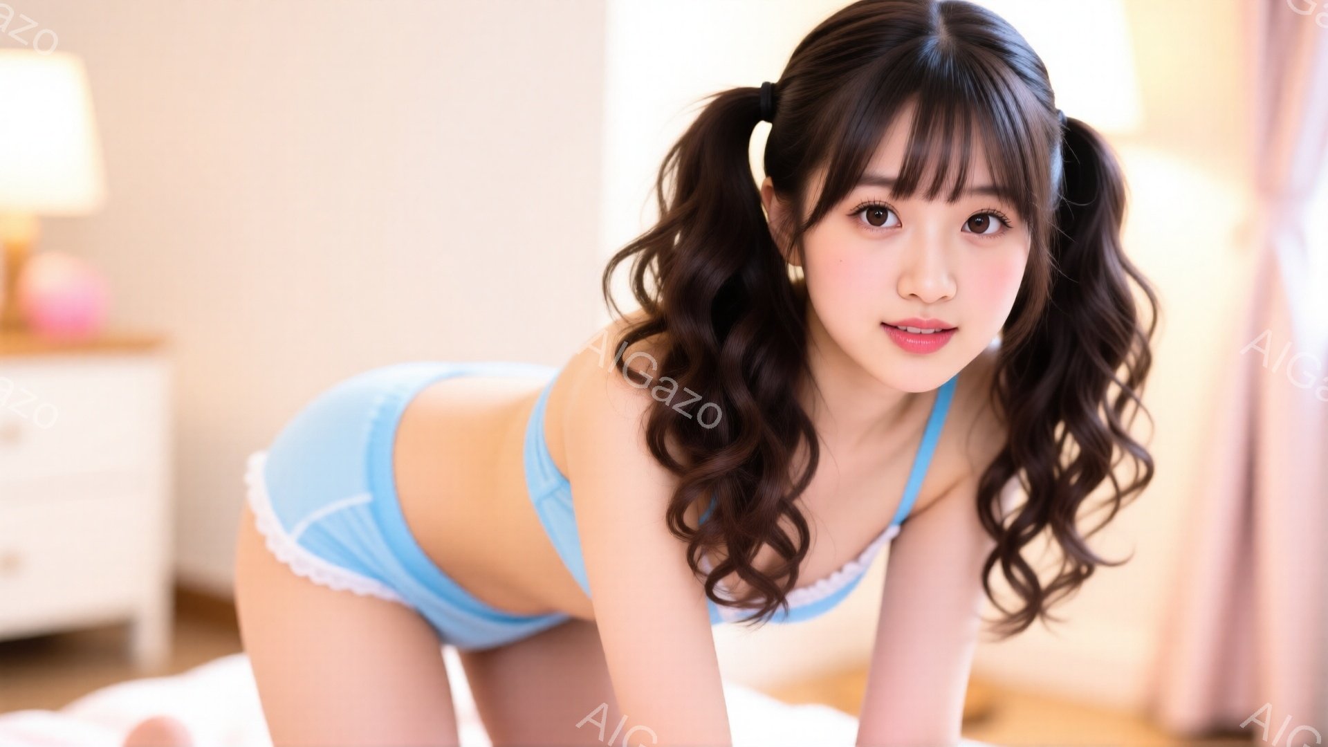 明るい室内で、茶色の巻き髪をツインテールにした若い女性が、水色のフリル付きのブラとショーツを着用し、床にうつ伏せになっています。彼女はカメラに向かって微笑み、少し上体を起こした姿勢で、ピンク色の暖かい光が彼女を照らしています。背景には白いキャビネットと柔らかな色の壁が見え、全体的に明るく可愛らしい雰囲気が漂っています。