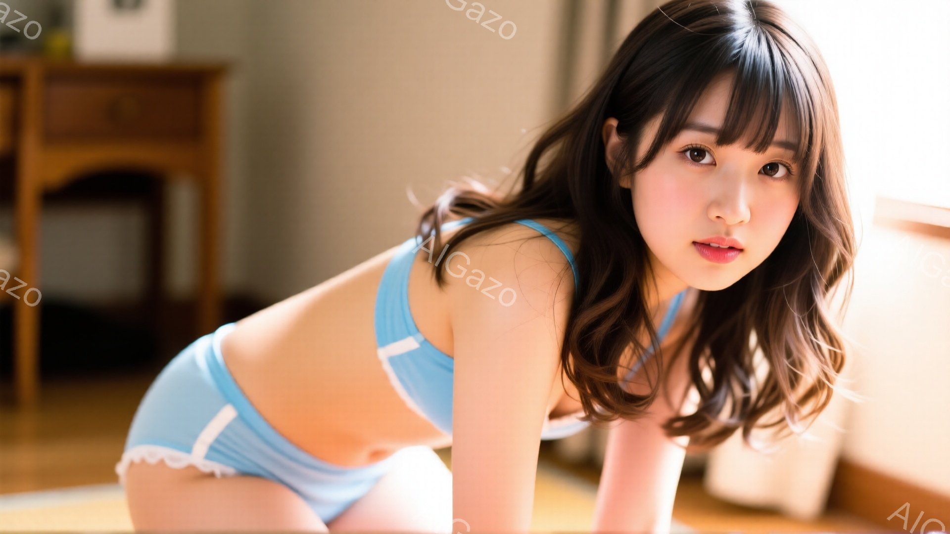 長い茶色の髪をした若い女性が、水色のレースの付いた下着姿で床に跪いています。彼女はカメラに向かって微笑んでおり、少し伏し目がちで、魅力的な表情をしています。背景には木製の家具が見え、室内は明るい日差しが差し込み、暖かい雰囲気です。