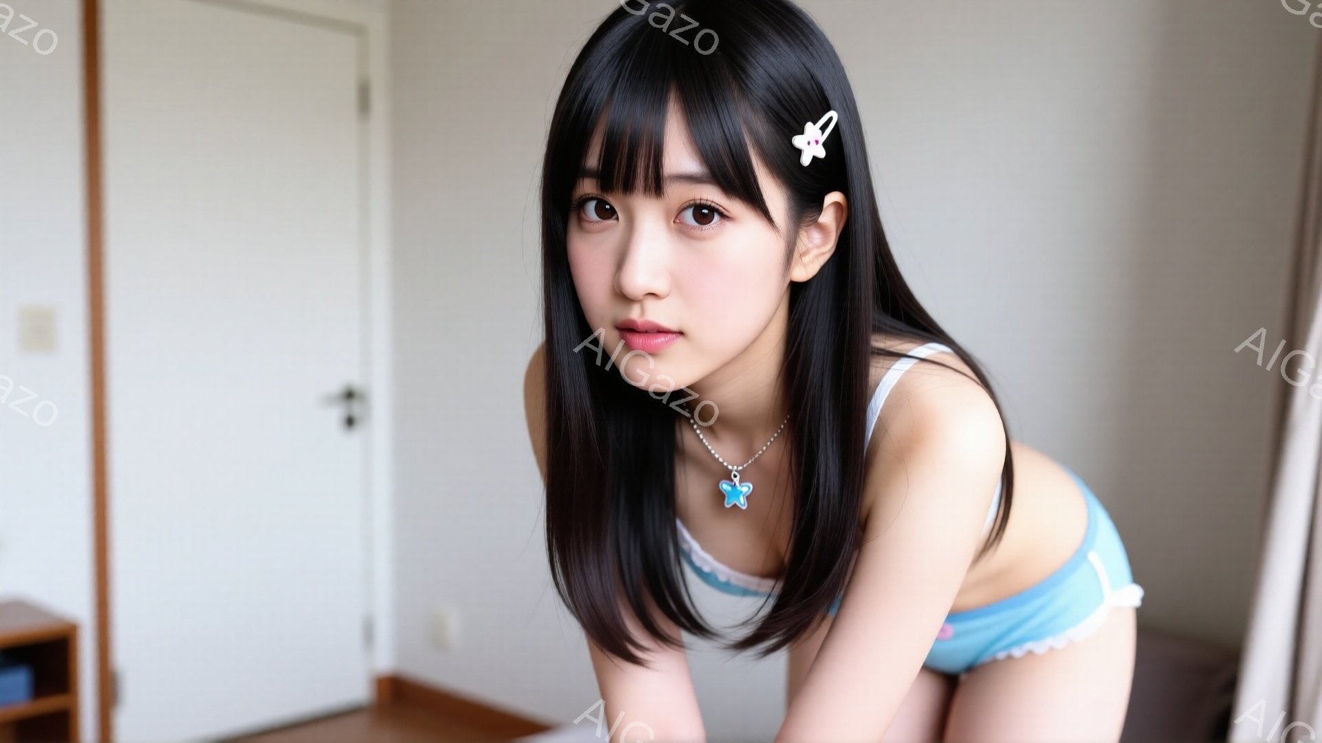 黒髪でぱっつん前髪の若い女性が、白いフリル付きキャミソールと水色の下着姿でカメラを見つめている。彼女は左肩を少し上げており、首には青いチャームがついたネックレスをつけている。背景は白い壁と家具があり、室内でリラックスした雰囲気が漂っている。