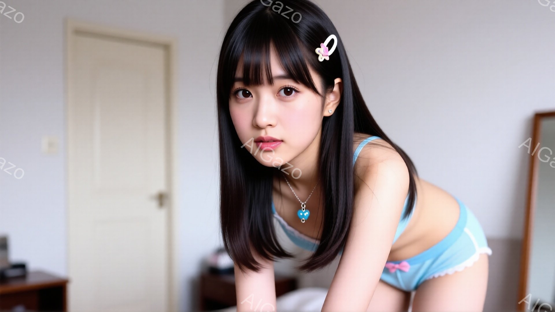 黒髪の女性が、白いフリル付きの明るい水色のブラとショーツ姿で、カメラに向かって膝をついて座っている。髪は肩までの長さで、前髪はぱっつん切り、髪飾りとしてピンク色の蝶が飾られている。背景には白いドアと家具の一部が見え、部屋全体は明るい雰囲気である。