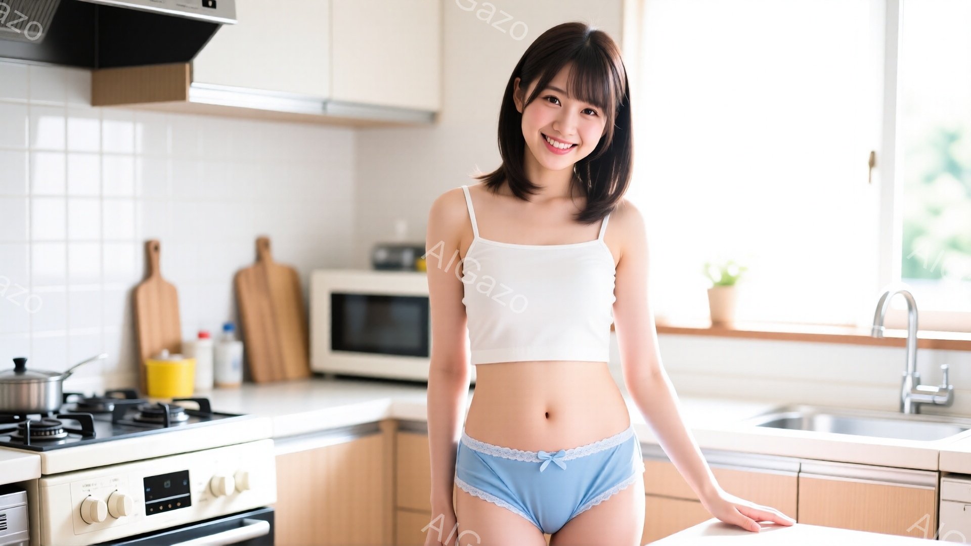明るいキッチンで、若い女性が白いタンクトップと水色の下着姿で立っている。彼女は微笑んでおり、リラックスした表情でカウンターにもたれている。背景には、調理台、電子レンジ、シンク、窓から見える緑が見え、清潔感のある家庭的な雰囲気が漂う。