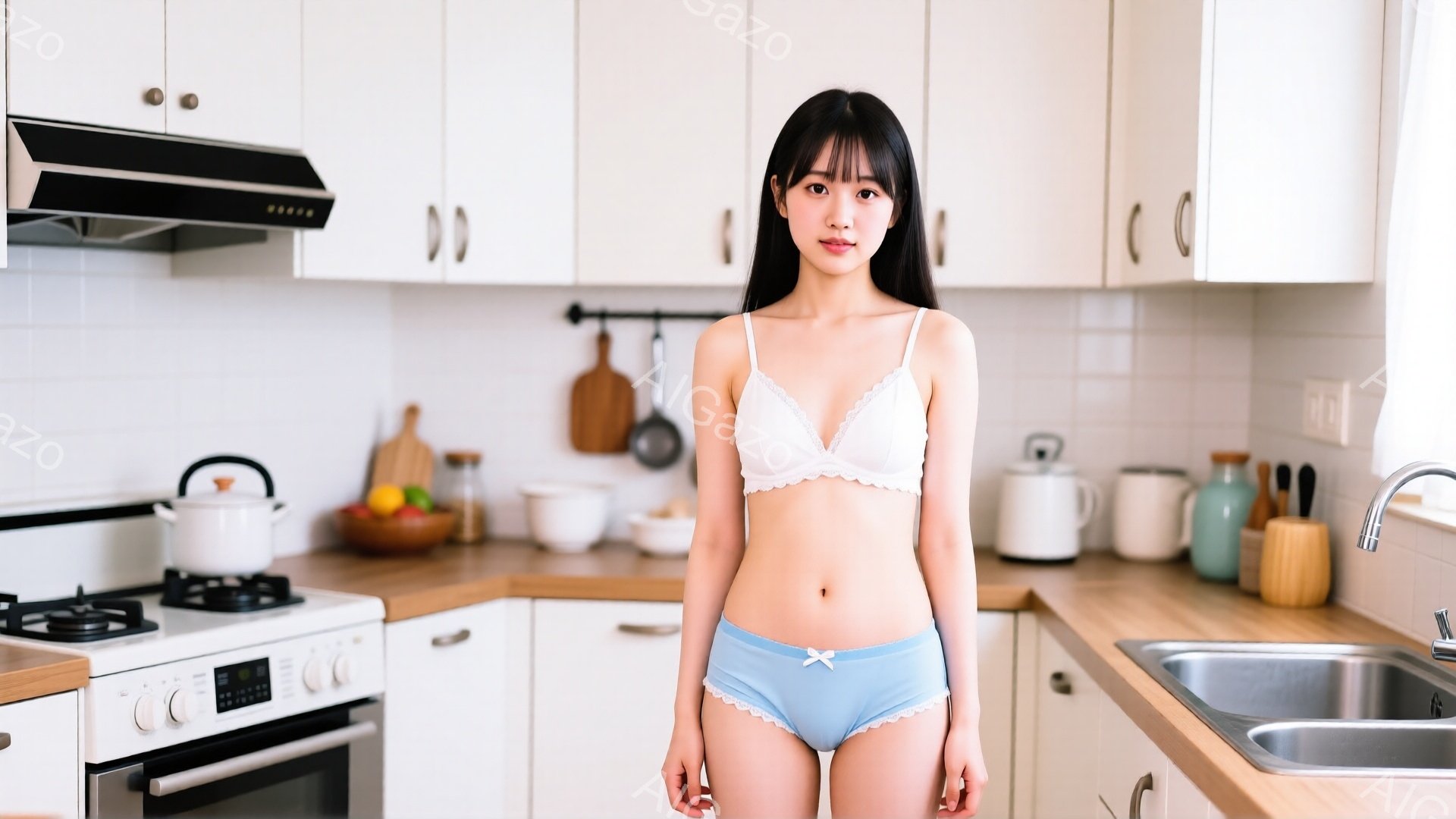 明るいキッチンを背景に、若い女性が白いレースのブラと水色のパンツのみを身に着けて立っている。彼女は黒髪でストレートヘア、表情は穏やかでカメラを見つめている。キッチンは白を基調とし、調理器具や食器が整然と並べられており、清潔感と温かさを感じさせる。