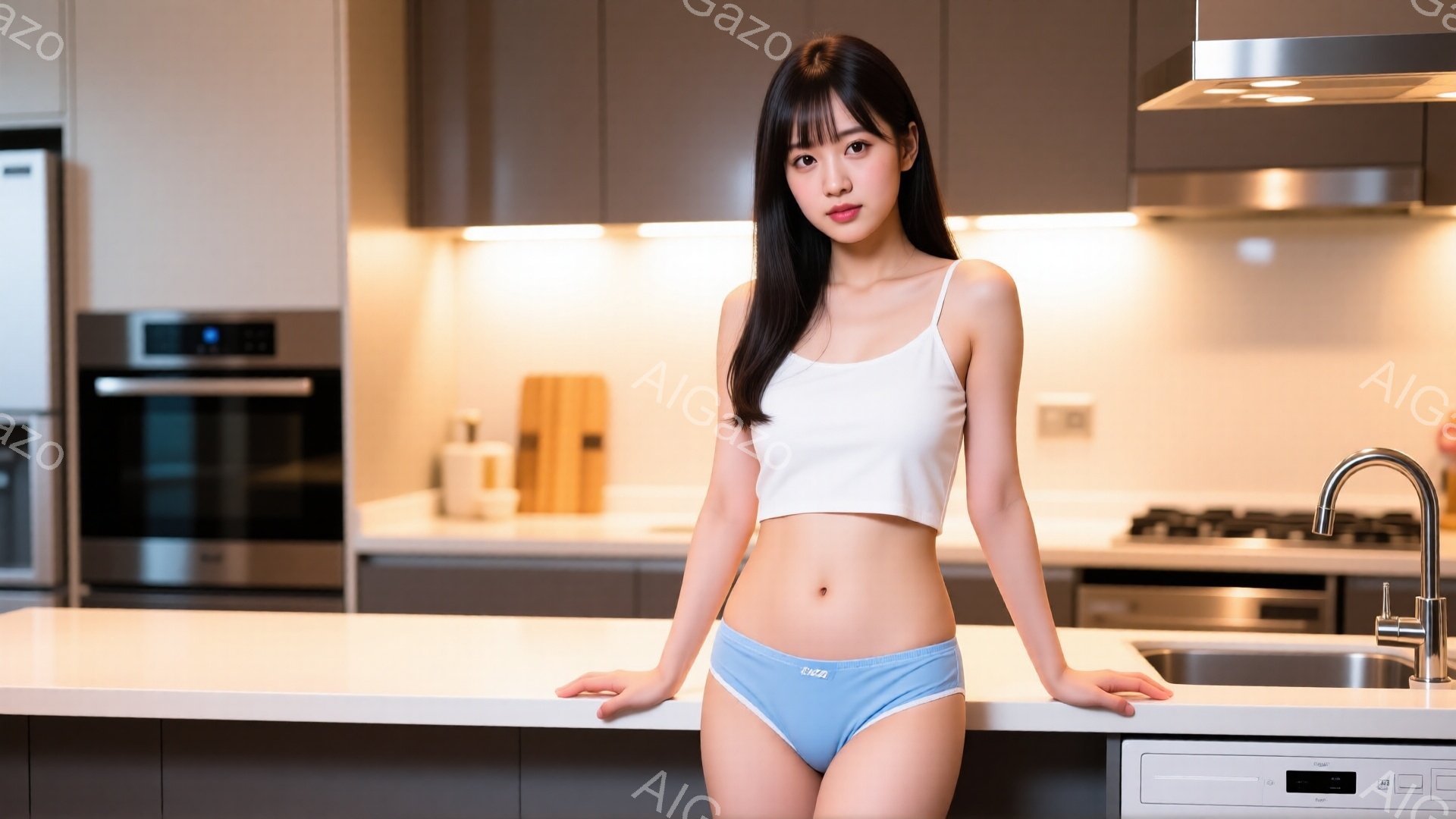 長い黒髪で前髪がぱっつんの女性が、白いタンクトップと水色の下着姿でキッチンカウンターに手を添えて立っている。表情は微笑んでおり、リラックスした雰囲気である。背景はモダンなキッチンで、ステンレス製のオーブンや流し台があり、明るい照明が全体を照らしている。