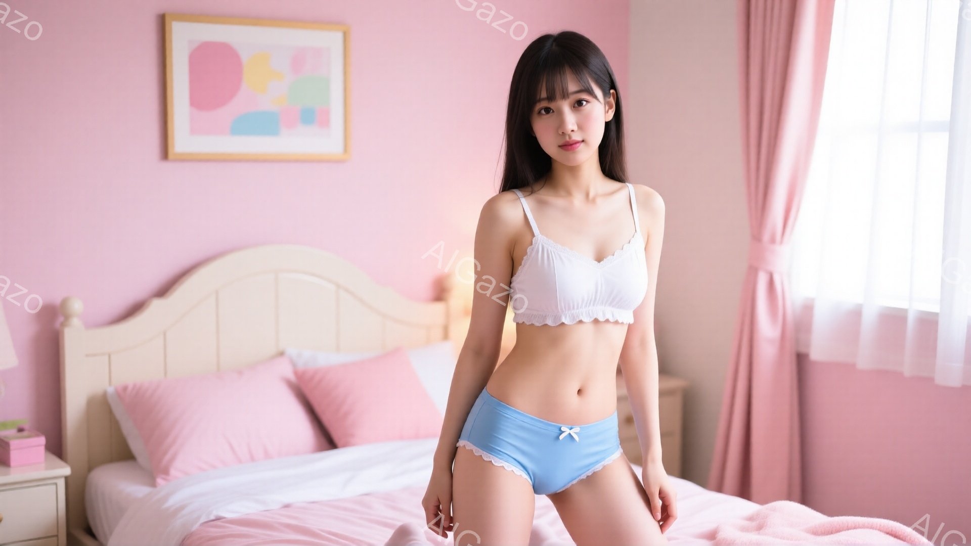 少女はピンク色のベッドの上に立っており、白いフリル付きのブラと水色のショーツを身につけている。彼女は黒髪で、前髪が目にかかっており、わずかに微笑んでいる。背景はピンク色の壁とカーテンで、ベッドにはピン - AI生成フリー素材