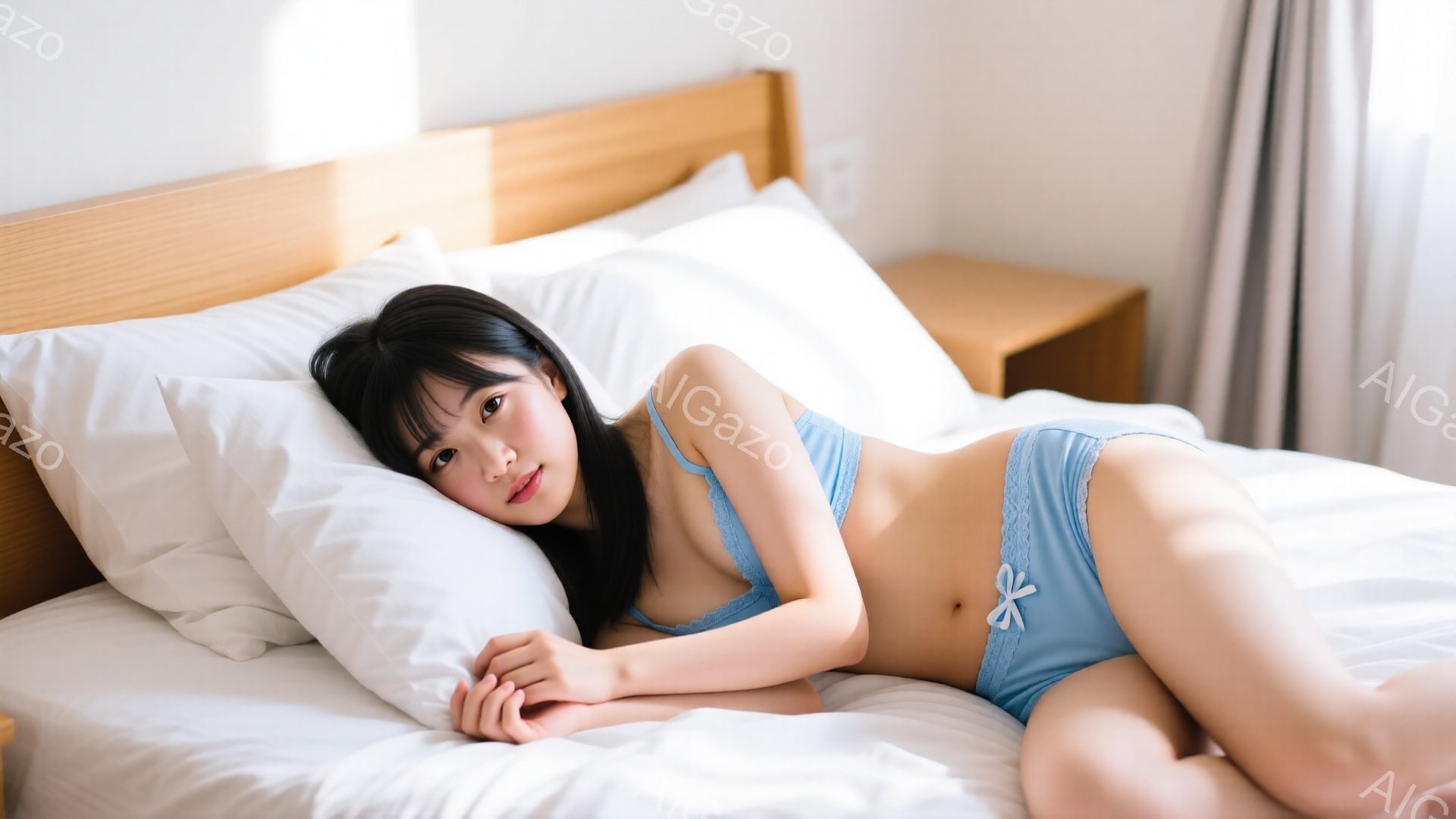 黒髪で前髪のある若い女性が、白いベッドの上で青いレースのブラジャーとショーツ姿で横たわっています。彼女は片手を頭の下に置き、リラックスした表情でカメラを見つめています。背景には、木製のヘッドボードとナイトテーブル、そして薄いカーテンが見え、全体的に柔らかく穏やかな雰囲気です。