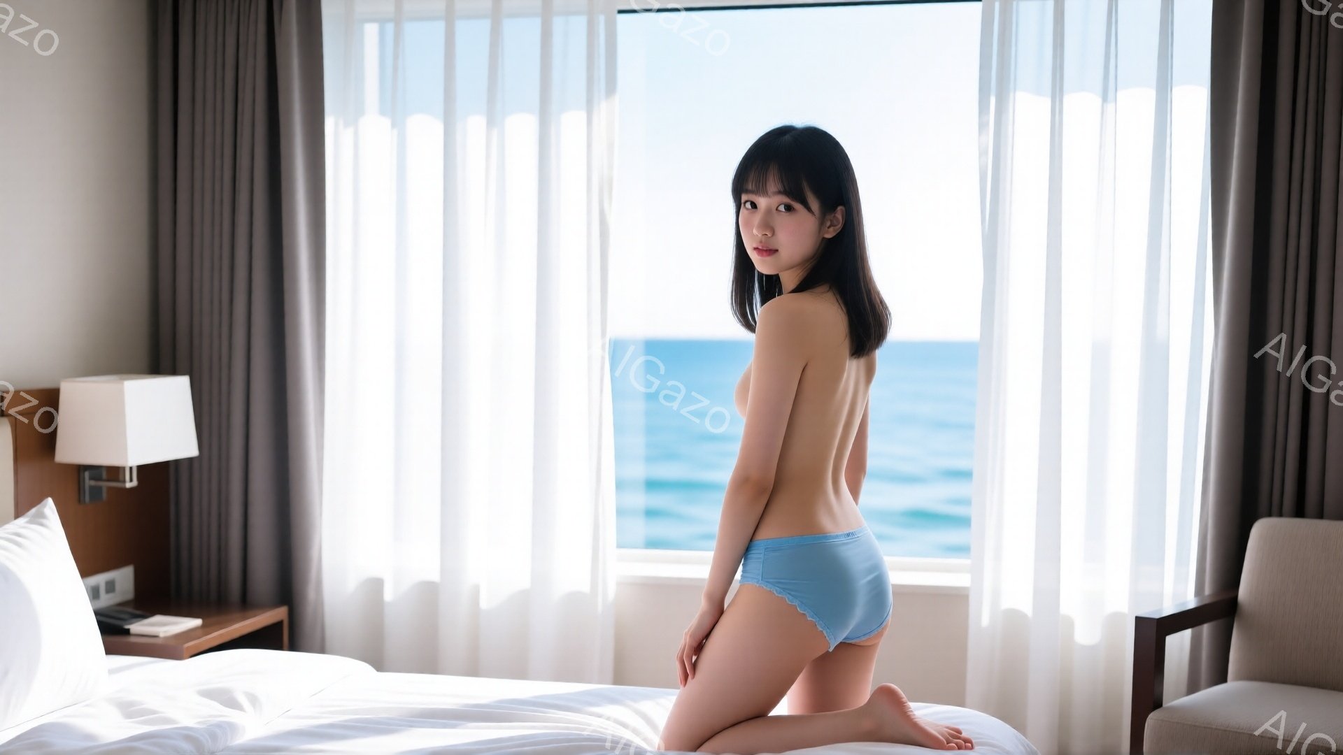 長い黒髪の女性が、水色の下着姿でベッドの上に膝をついて立っている。彼女は少し微笑んでおり、海を背景に穏やかな表情を見せている。背景には、白いカーテンと、明るい青色の海が広がり、部屋は明るく、リラックス - AI生成フリー素材