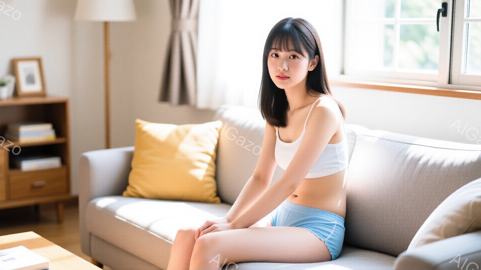 若い女性が明るいリビングルームのソファに座っています。彼女は白いタンクトップと水色のショートパンツを着用し、肩までの黒髪をしています。彼女は穏やかな表情でカメラを見つめ、リラックスした姿勢で座っていま - AI生成フリー素材