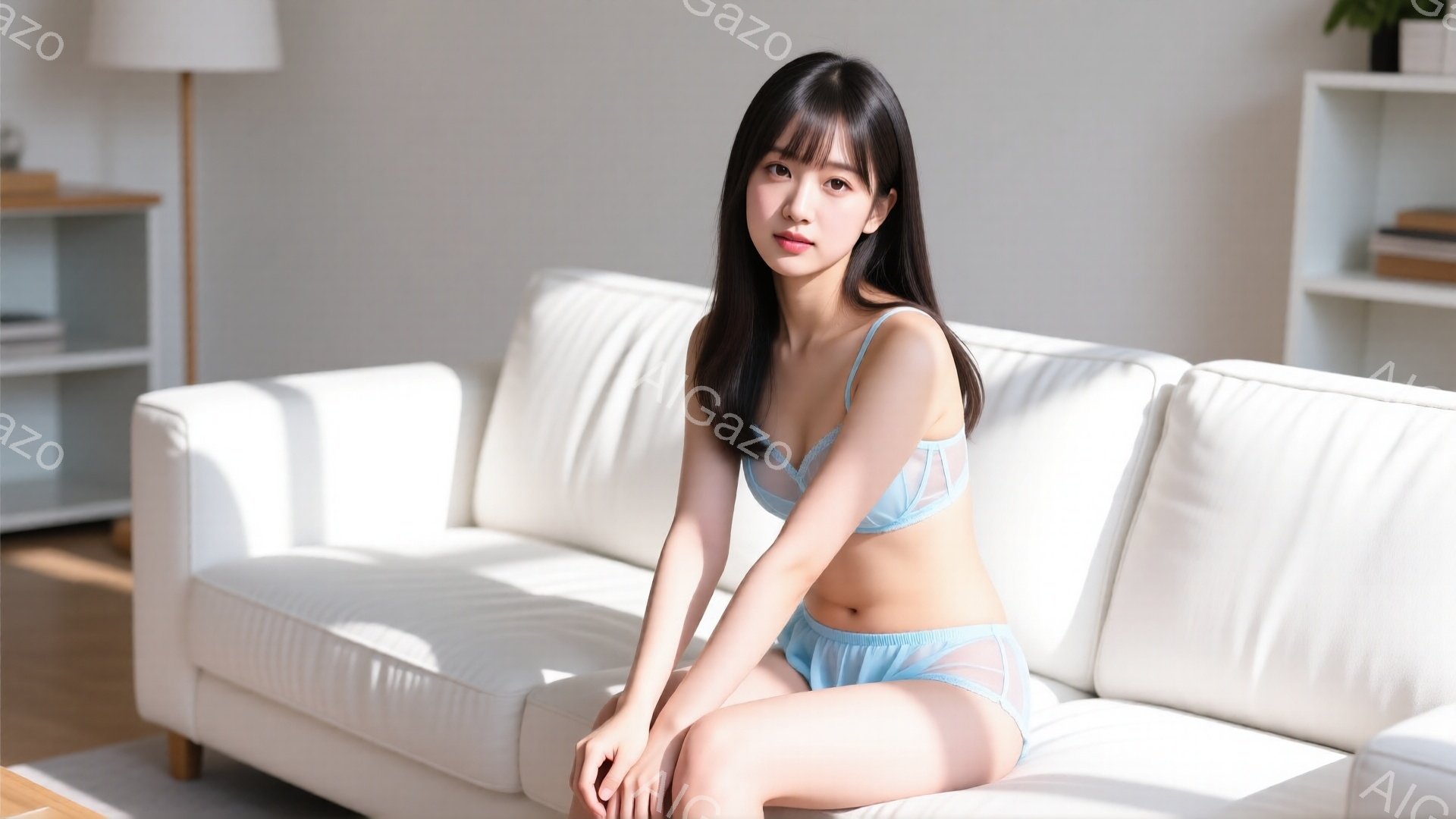 明るいリビングルームに、ブルーのランジェリーを着た女性が白いソファに座っています。彼女は長い黒髪で、前髪が目にかかり、穏やかな表情でカメラを見つめています。背景には白い棚があり、自然光が差し込んで、リ - AI生成フリー素材