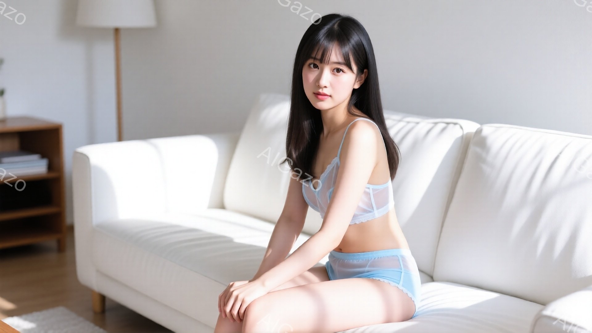 明るい室内で、若い女性が白いソファに座っています。彼女は水色のランジェリーセットを着用し、長い黒髪を肩にかけるようにしています。表情は穏やかで、少し微笑んでいるように見えます。 - AI生成フリー素材