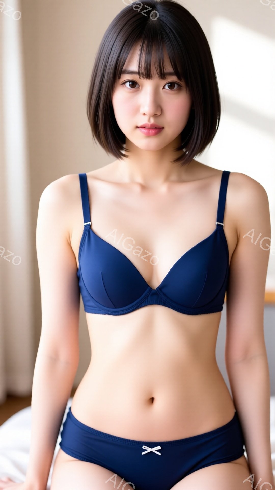 この画像は、短いボブヘアの若い女性が、紺色のブラとショーツのセットを着用している姿を捉えています。彼女は正面を向き、わずかに微笑んでおり、健康的で引き締まった身体つきをしています。背景は白っぽいベッド - AI生成フリー素材