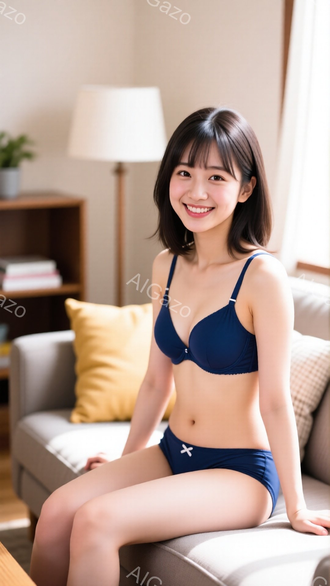 画像は、明るいリビングルームに座っている若い女性を描いています。彼女は濃い青色のブラとショーツを着用し、長い茶色の髪は肩のあたりでカットされています。彼女は笑顔でカメラに向かって座っており、リラックスした雰囲気です。