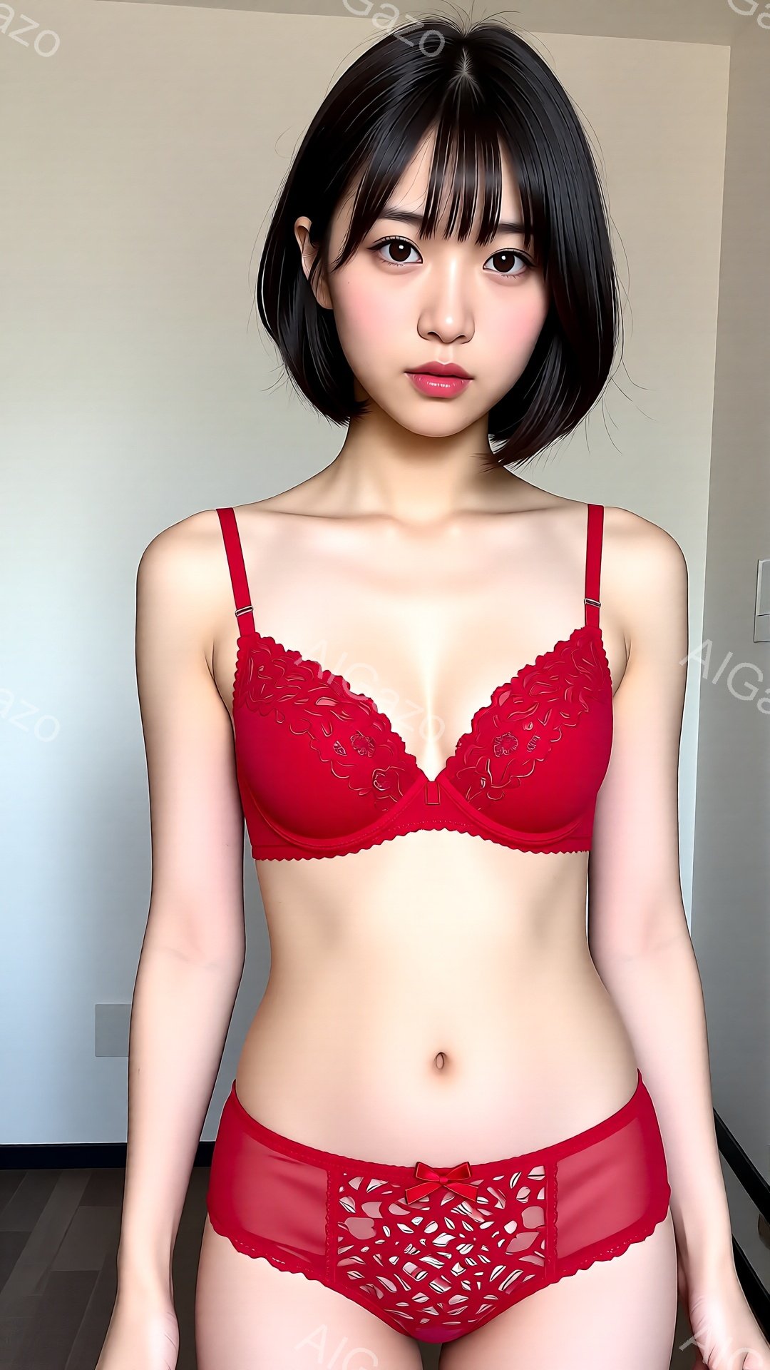 黒髪のボブカットで、前髪が目の上にかかる女性が写っています。彼女は赤いレースのブラとショーツのセットを身につけ、わずかに微笑んでいます。背景はシンプルな白い壁で、床は木製で、全体的に明るく清潔な印象です。