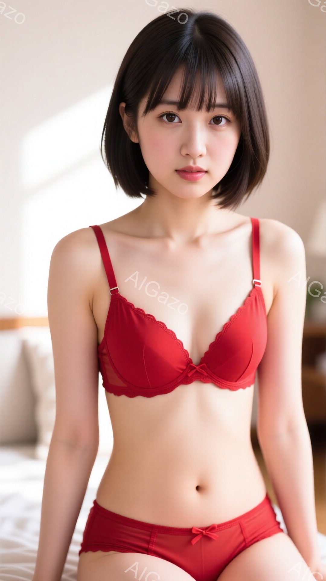 ショートヘアの女性が赤い下着姿で正面を向いています。彼女は少し微笑み、穏やかな表情でカメラを見ており、姿勢はリラックスしています。背景はぼやけた室内で、ベッドの一部と窓からの自然光が見えます。 - AI生成フリー素材