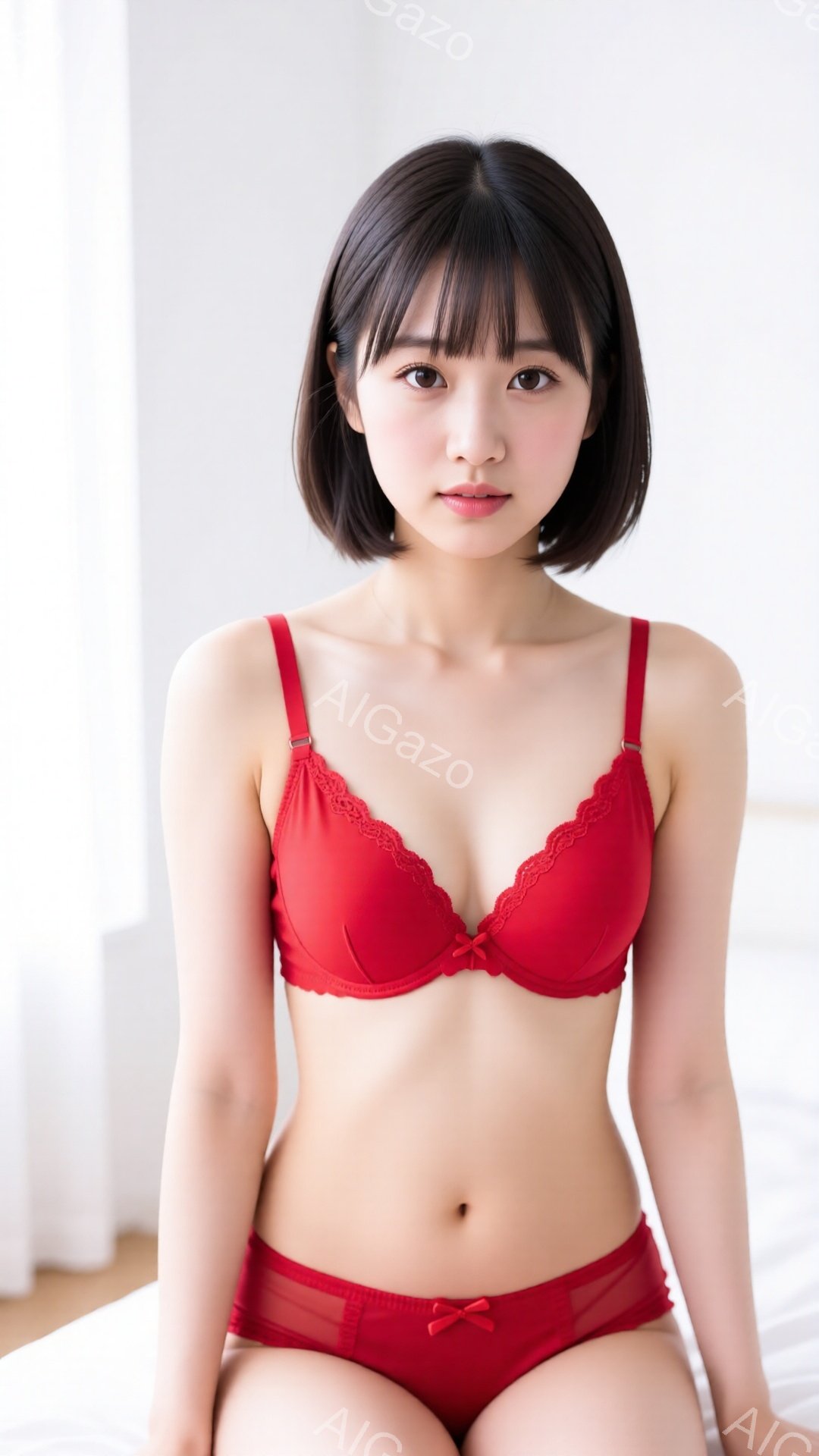 黒髪のショートヘアの女性が、赤いブラジャーとショーツのセットを身につけて立っています。彼女はわずかに微笑み、カメラに向かって正面を向いています。背景は白を基調とした部屋で、ベッドが一部見えています。 - AI生成フリー素材
