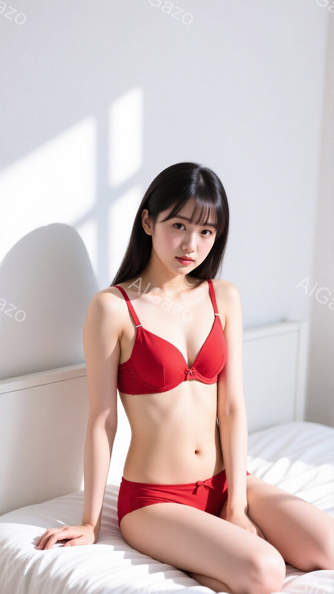 長い黒髪で前髪が目の上にかかっている女性が、赤いブラとショーツのセットアップを身につけて白いベッドに座っています。彼女は少し微笑んでおり、リラックスした表情をしています。背景は白く、強い光が差し込んでおり、全体的に清潔で明るい雰囲気が漂っています。