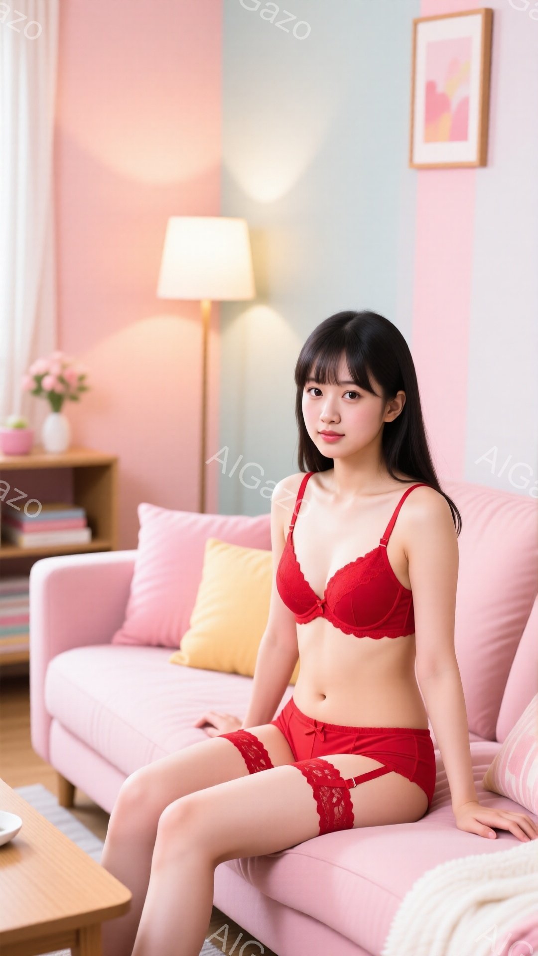黒髪の女性がピンクのソファに座っており、赤いレースのブラジャーとショーツ、そして太ももに装着された赤いレースのサスペンダーを身に着けています。彼女はリラックスした姿勢で、少し微笑み、視線をカメラに向けた表情をしています。背景には、淡いピンク色の壁、オフホワイトのキャビネット、そしてシンプルな装飾が見られ、リビングルームのような室内空間を演出しています。